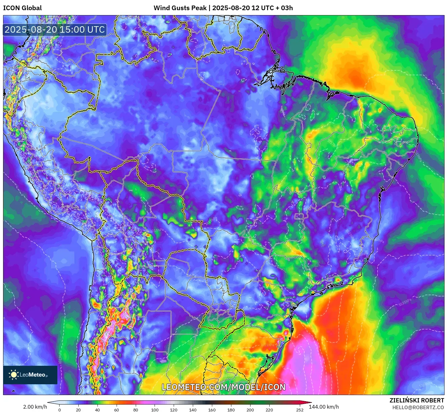 ICON model - Brazil, Wind Gusts Peak