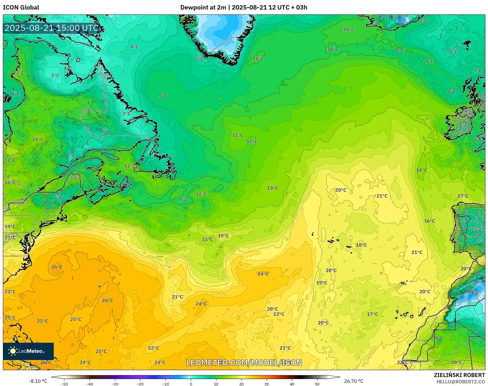 ICON model - North Atlantic, Dewpoint at 2m