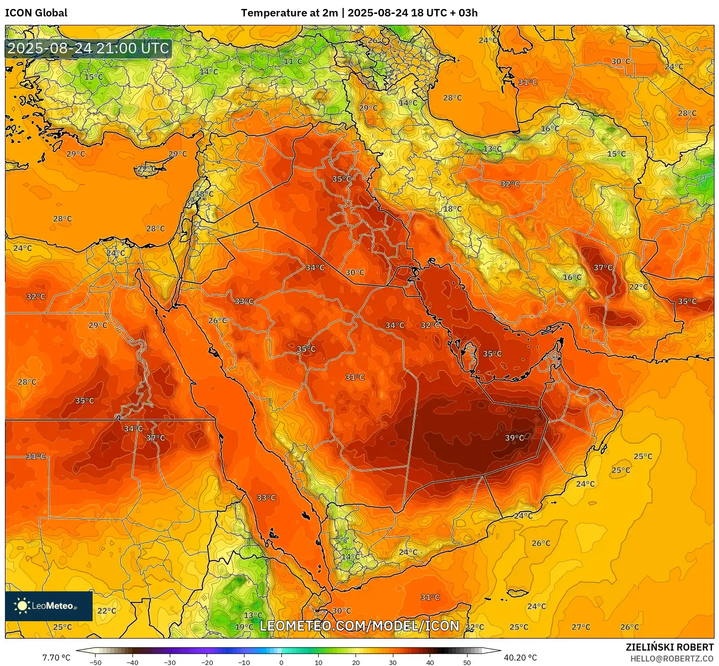 ICON model - Middle East, Temperature at 2m ICON model - Middle East, Temperature at 2m