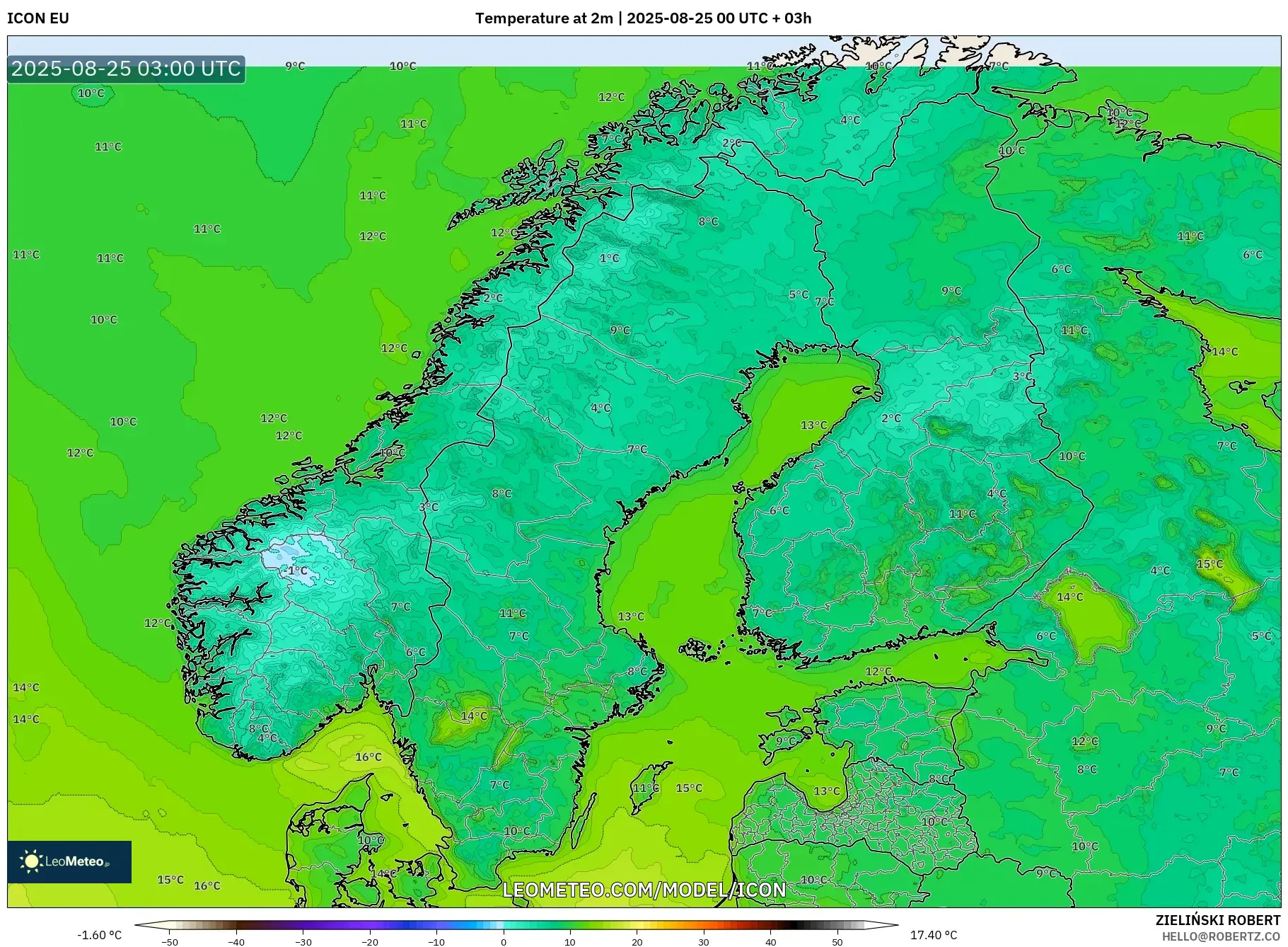 ICON model - Scandinavia, Temperature at 2m ICON model - Scandinavia, Temperature at 2m