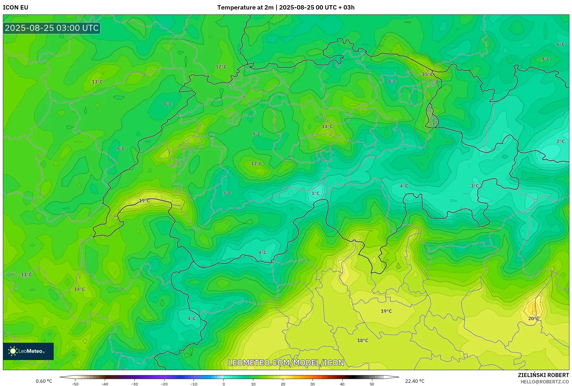 ICON model - Switzerland, Temperature at 2m ICON model - Switzerland, Temperature at 2m