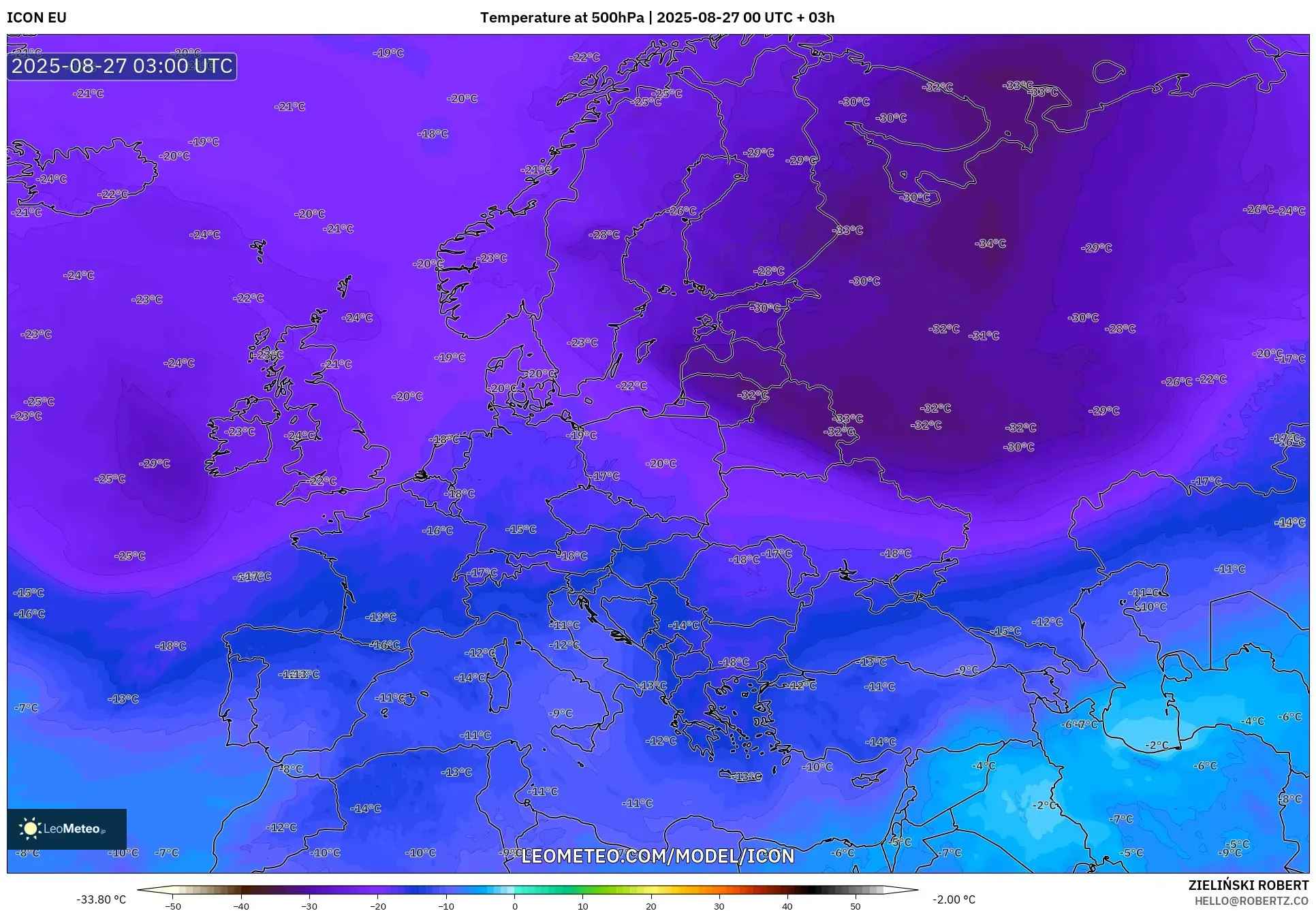 ICON model - Europe, Temperature at 500hPa ICON model - Europe, Temperature at 500hPa
