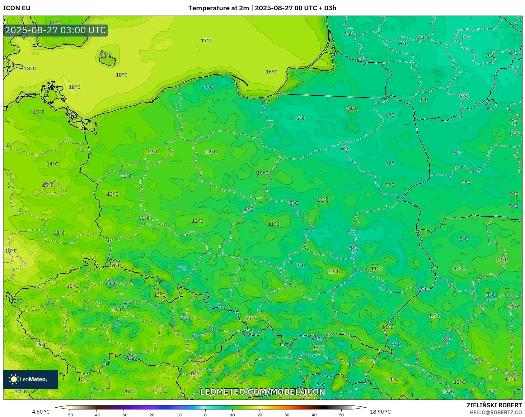 ICON model - Poland, Temperature at 2m ICON model - Poland, Temperature at 2m
