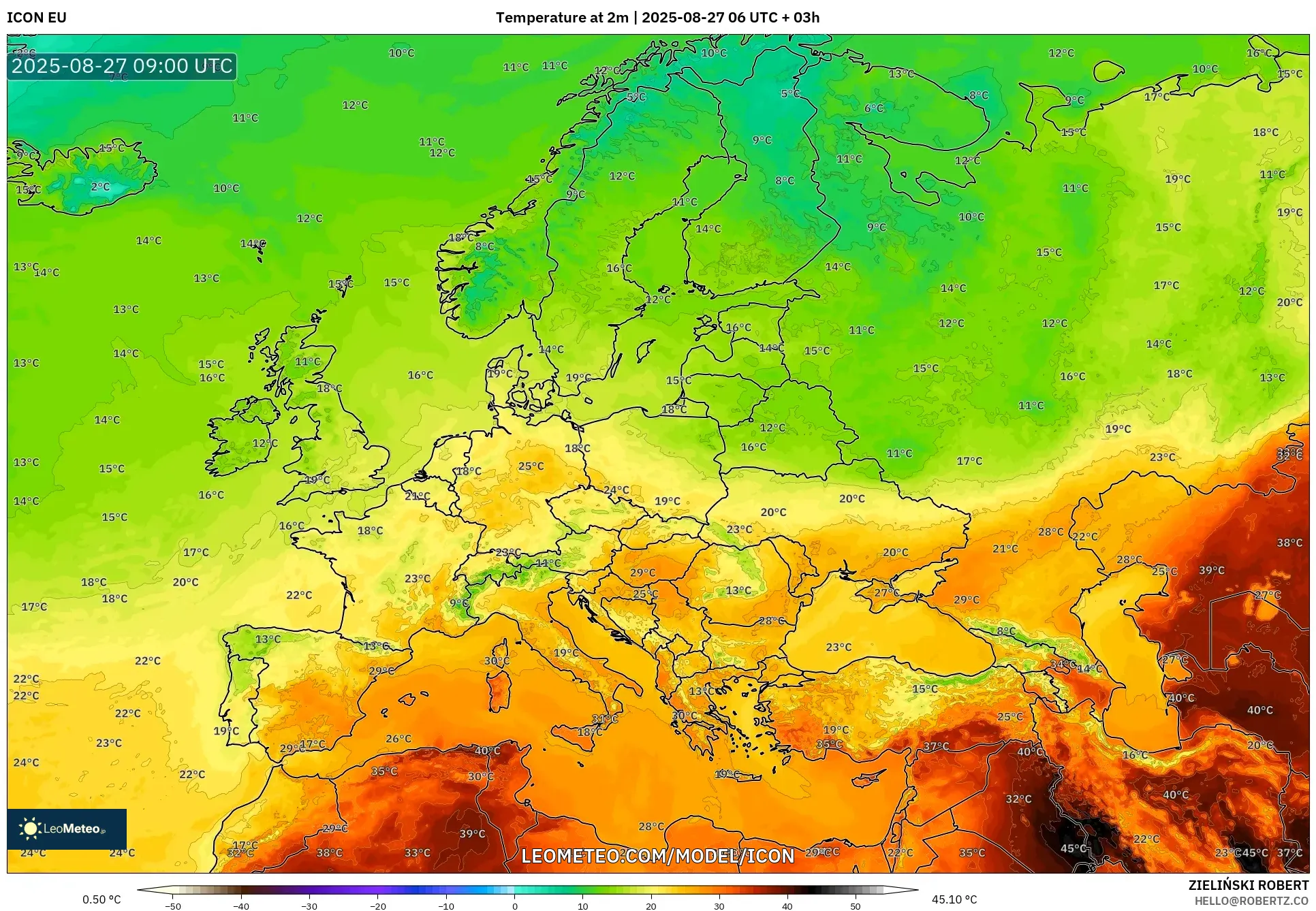 ICON model - Europe, Temperature at 2m