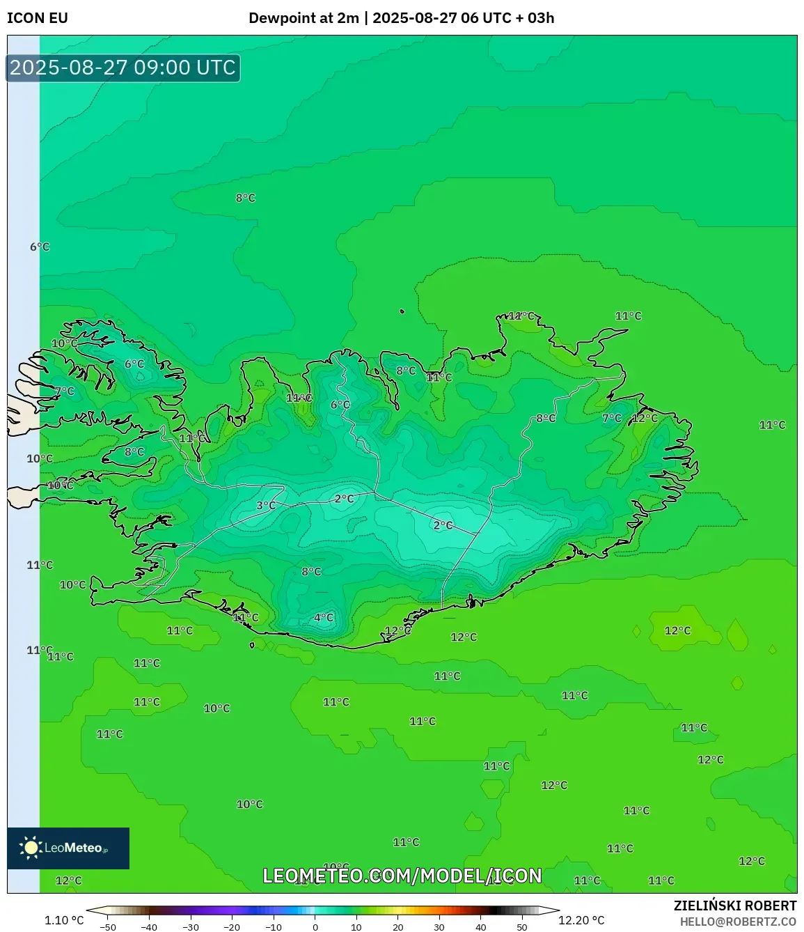 ICON model - Iceland, Dewpoint at 2m ICON model - Iceland, Dewpoint at 2m