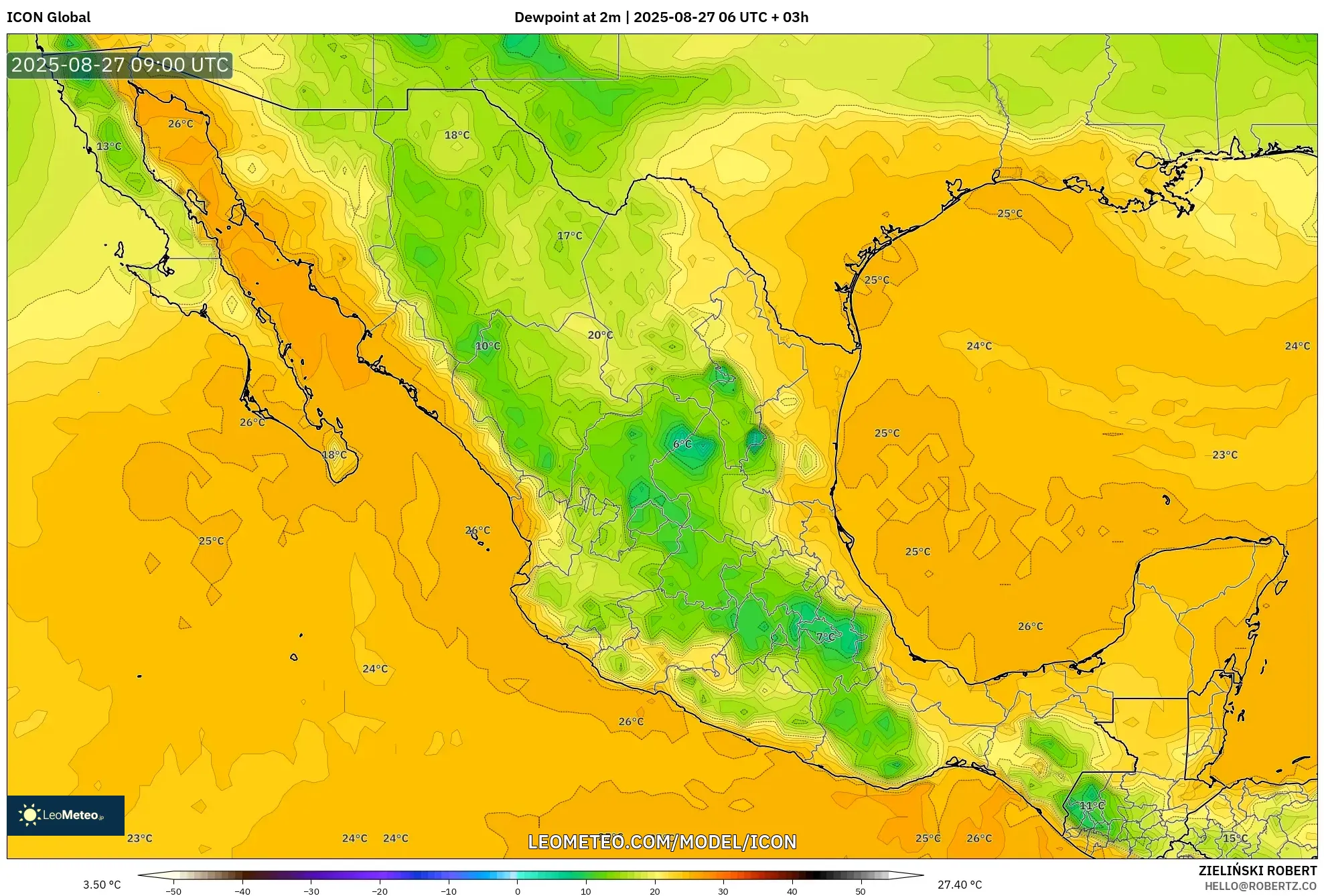 ICON model - Mexico, Dewpoint at 2m ICON model - Mexico, Dewpoint at 2m