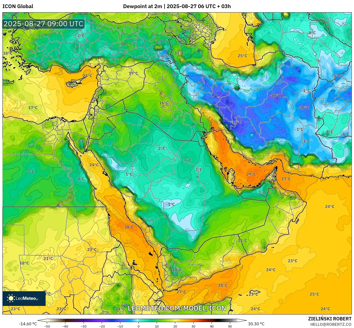 ICON model - Middle East, Dewpoint at 2m ICON model - Middle East, Dewpoint at 2m