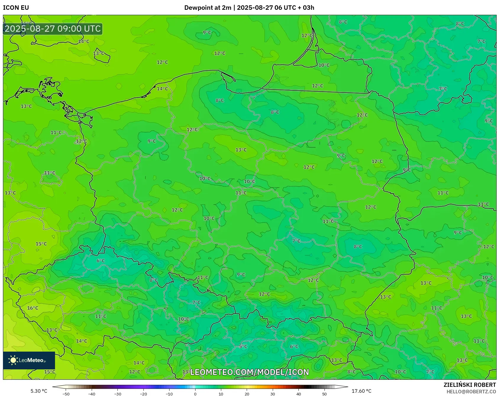 ICON model - Poland, Dewpoint at 2m ICON model - Poland, Dewpoint at 2m