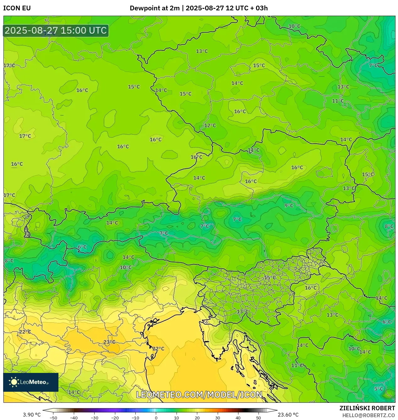 ICON model - Austria, Dewpoint at 2m ICON model - Austria, Dewpoint at 2m