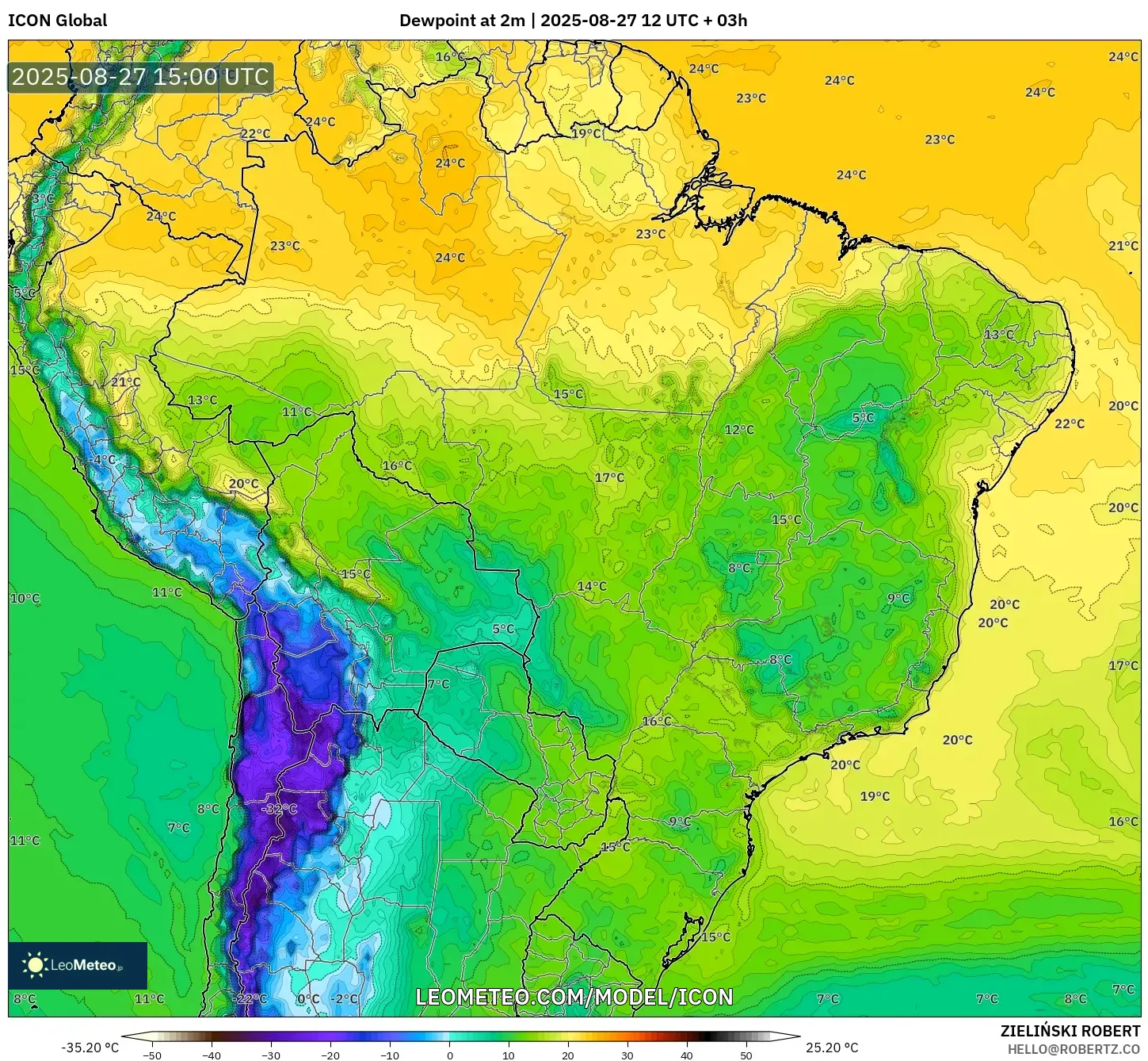 ICON model - Brazil, Dewpoint at 2m ICON model - Brazil, Dewpoint at 2m