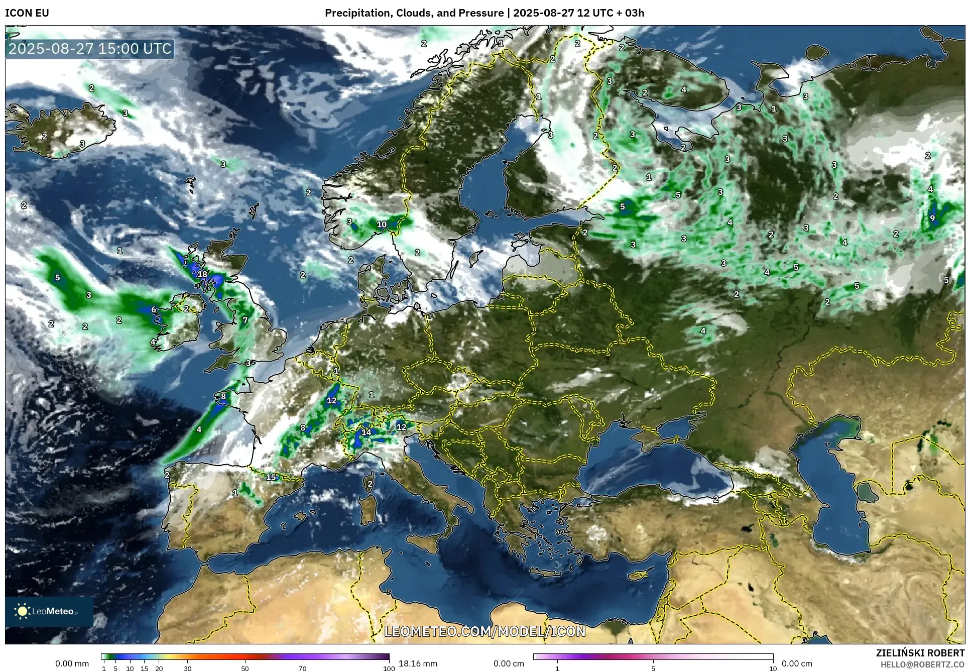 ICON model - Europe, Precipitation, Clouds, and Pressure ICON model - Europe, Precipitation, Clouds, and Pressure