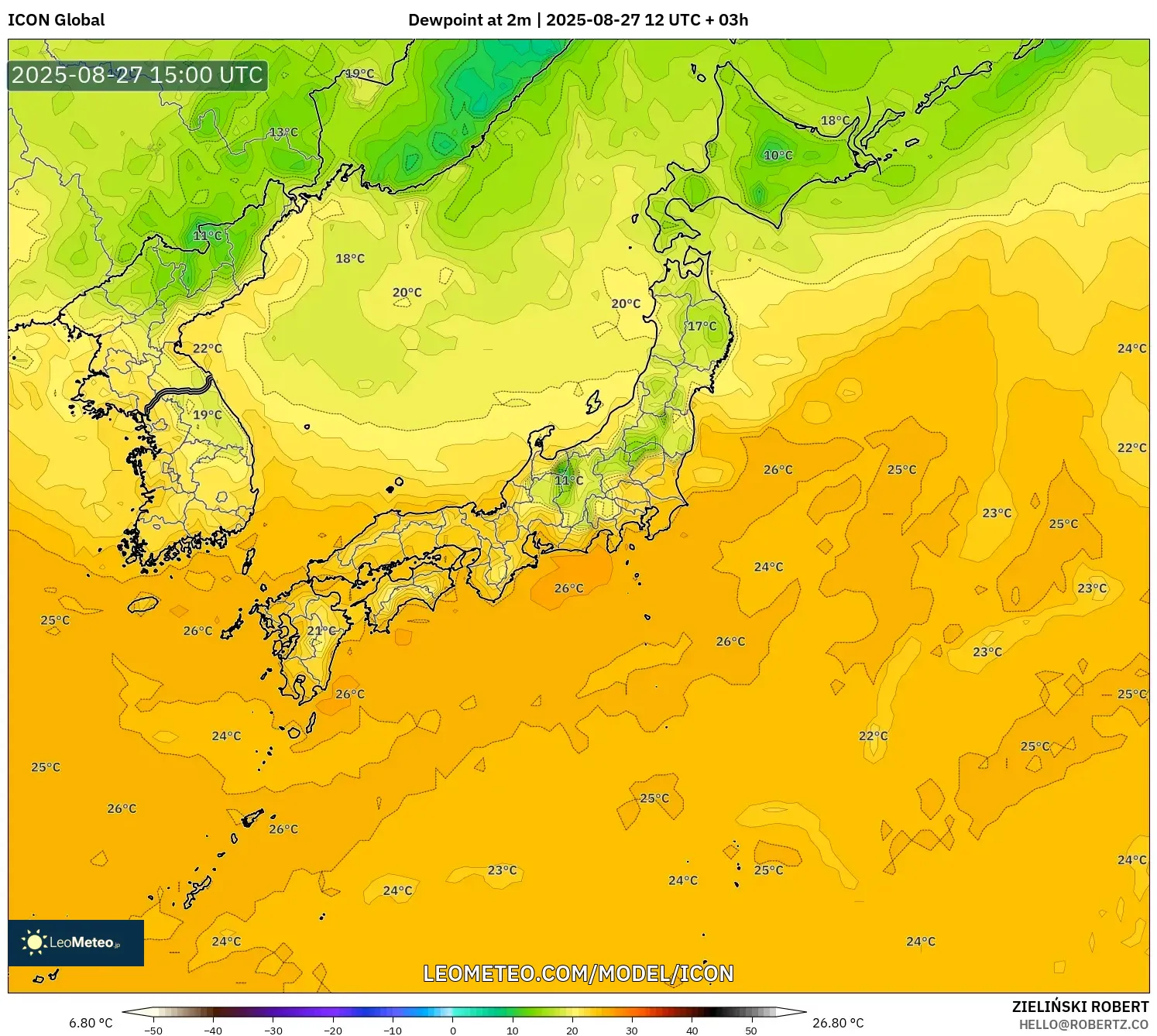 ICON model - Japan, Dewpoint at 2m ICON model - Japan, Dewpoint at 2m