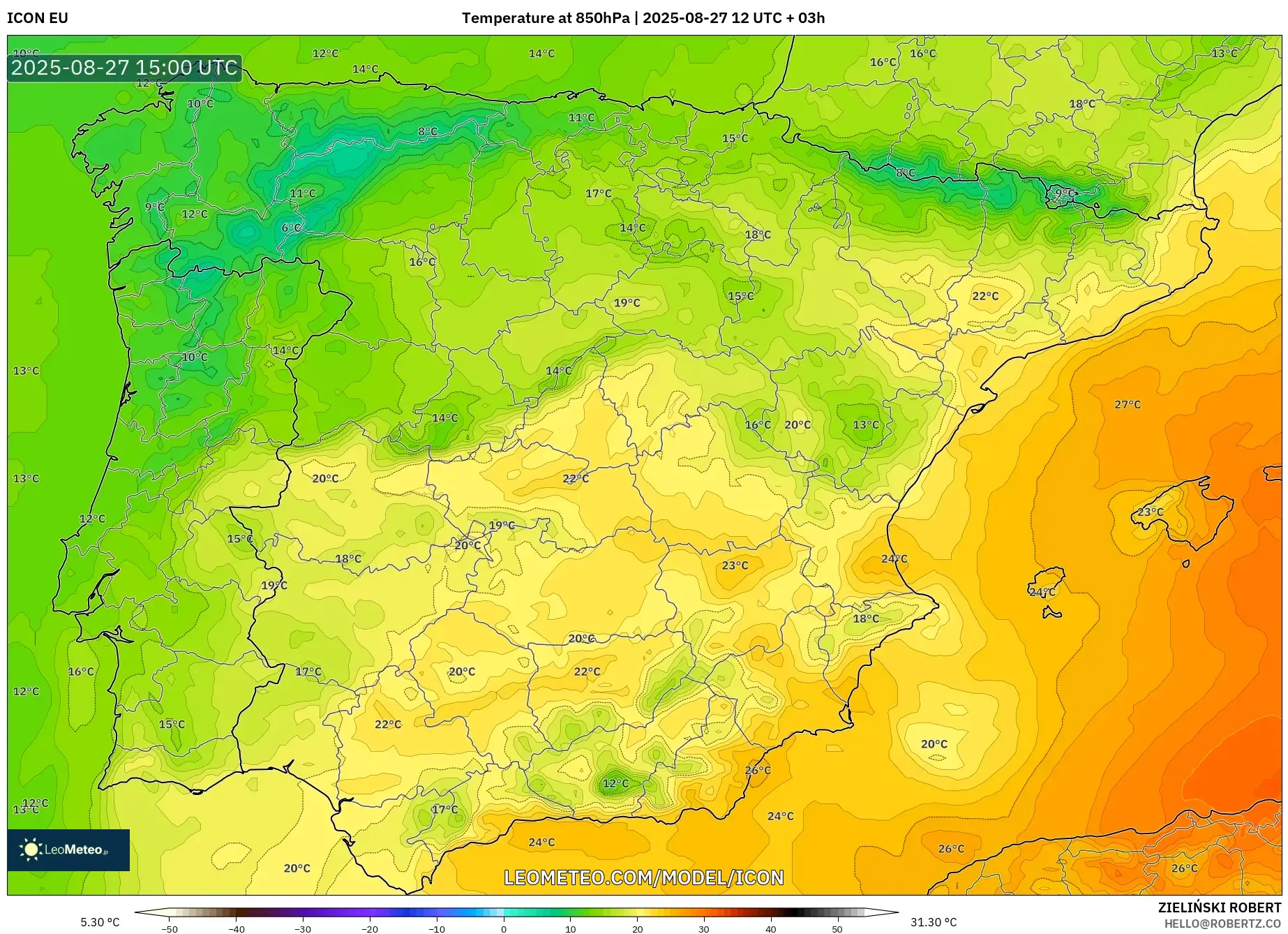 ICON model - Spain, Temperature at 850hPa