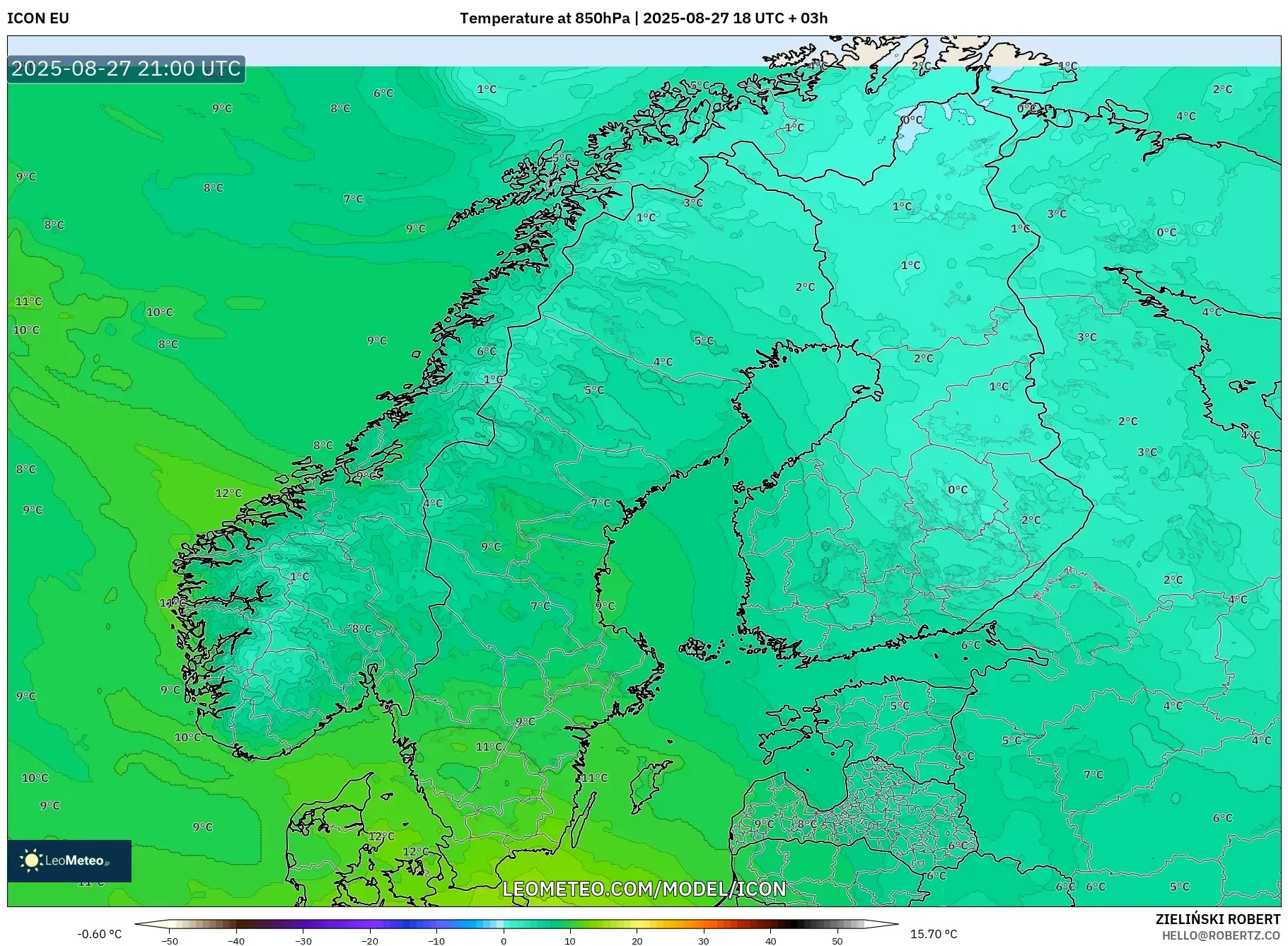 ICON model - Scandinavia, Temperature at 850hPa ICON model - Scandinavia, Temperature at 850hPa