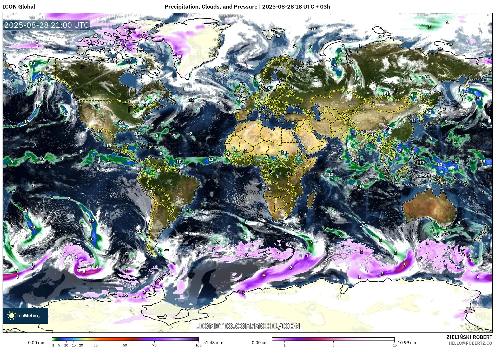 ICON model - World, Precipitation, Clouds, and Pressure ICON model - World, Precipitation, Clouds, and Pressure