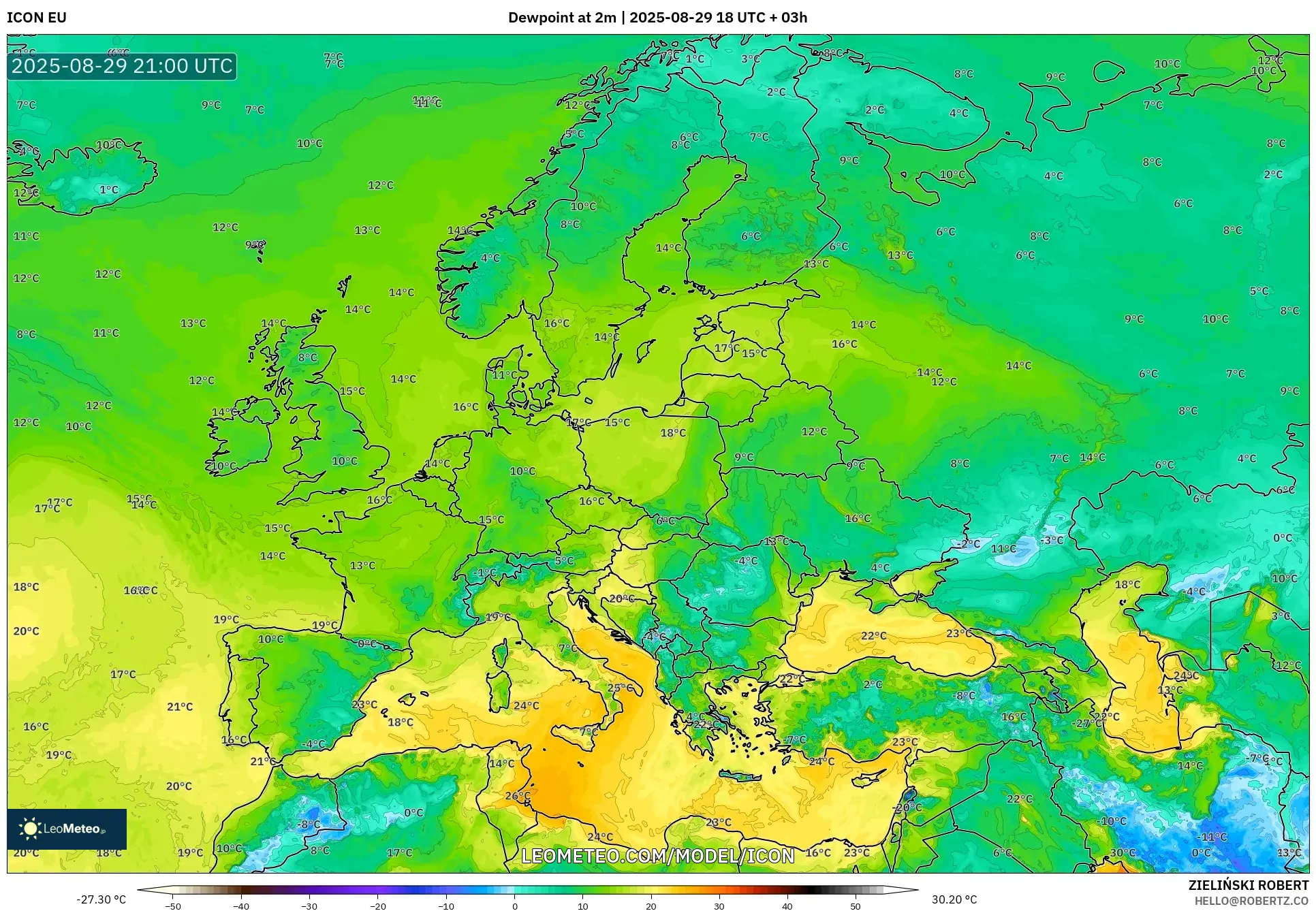 ICON model - Europe, Dewpoint at 2m ICON model - Europe, Dewpoint at 2m