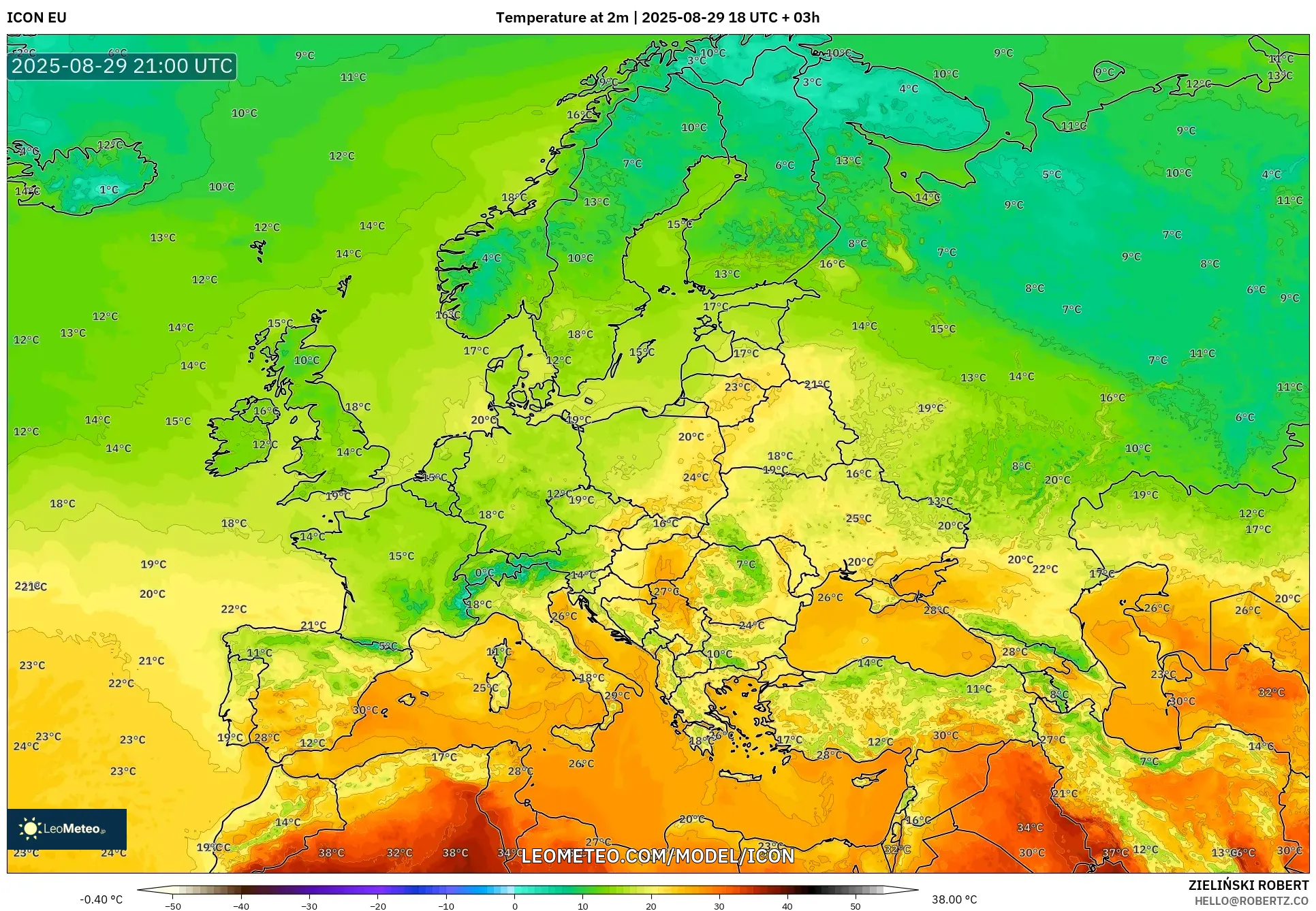 ICON model - Europe, Temperature at 2m ICON model - Europe, Temperature at 2m