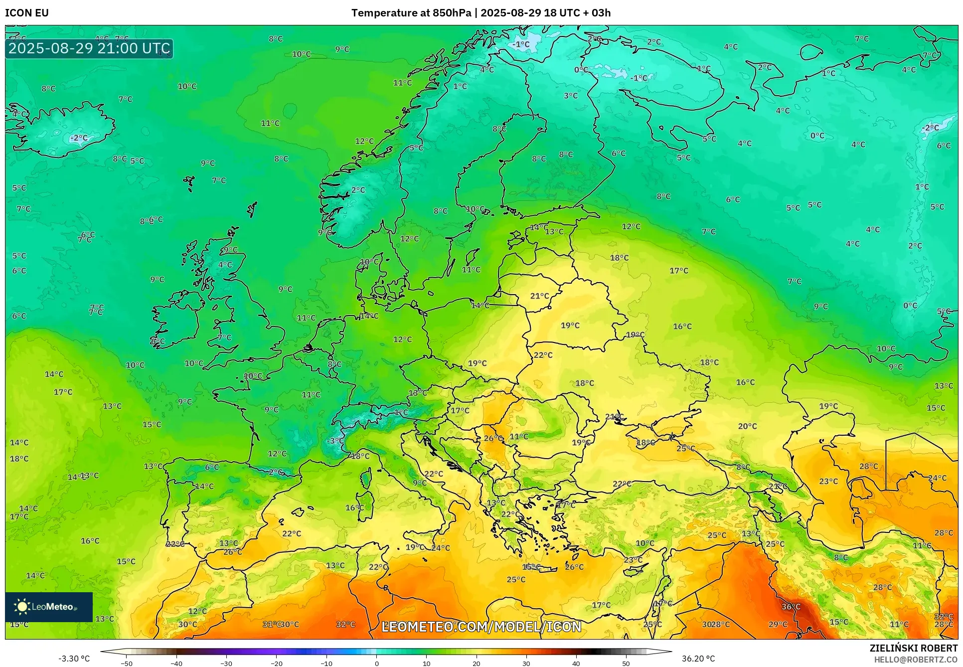 ICON model - Europe, Temperature at 850hPa ICON model - Europe, Temperature at 850hPa