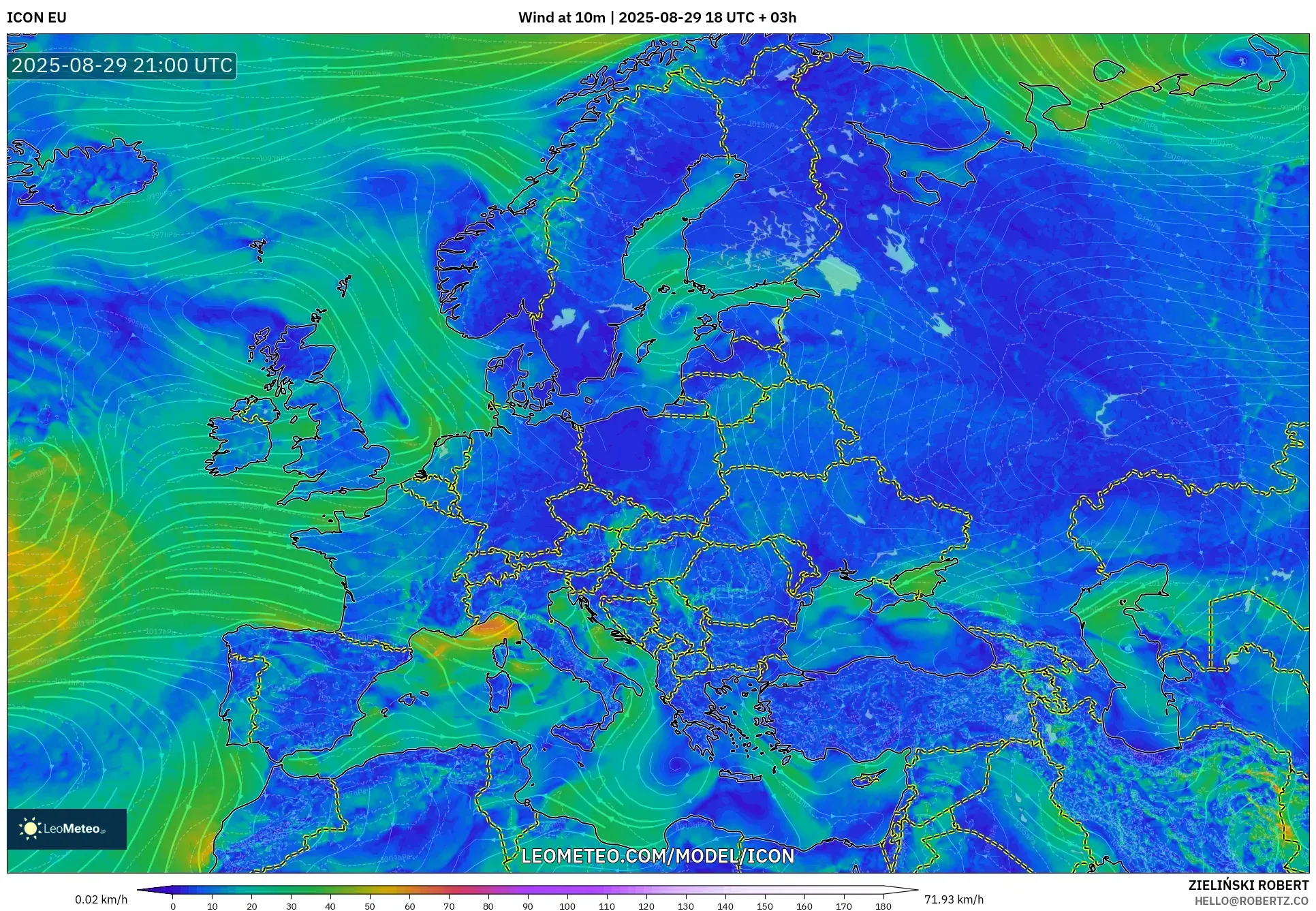ICON model - Europe, Wind at 10m ICON model - Europe, Wind at 10m