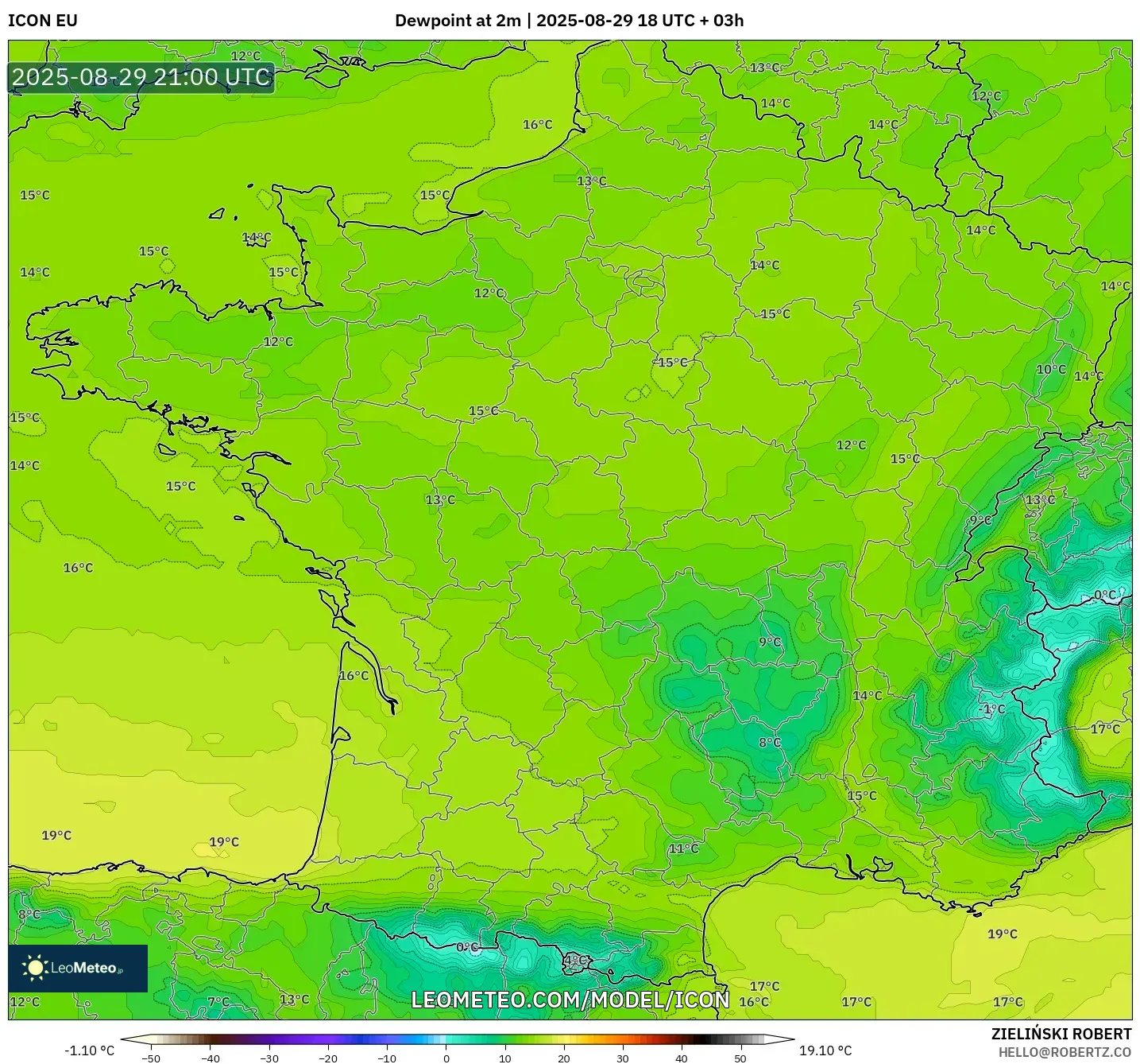 ICON model - France, Dewpoint at 2m ICON model - France, Dewpoint at 2m