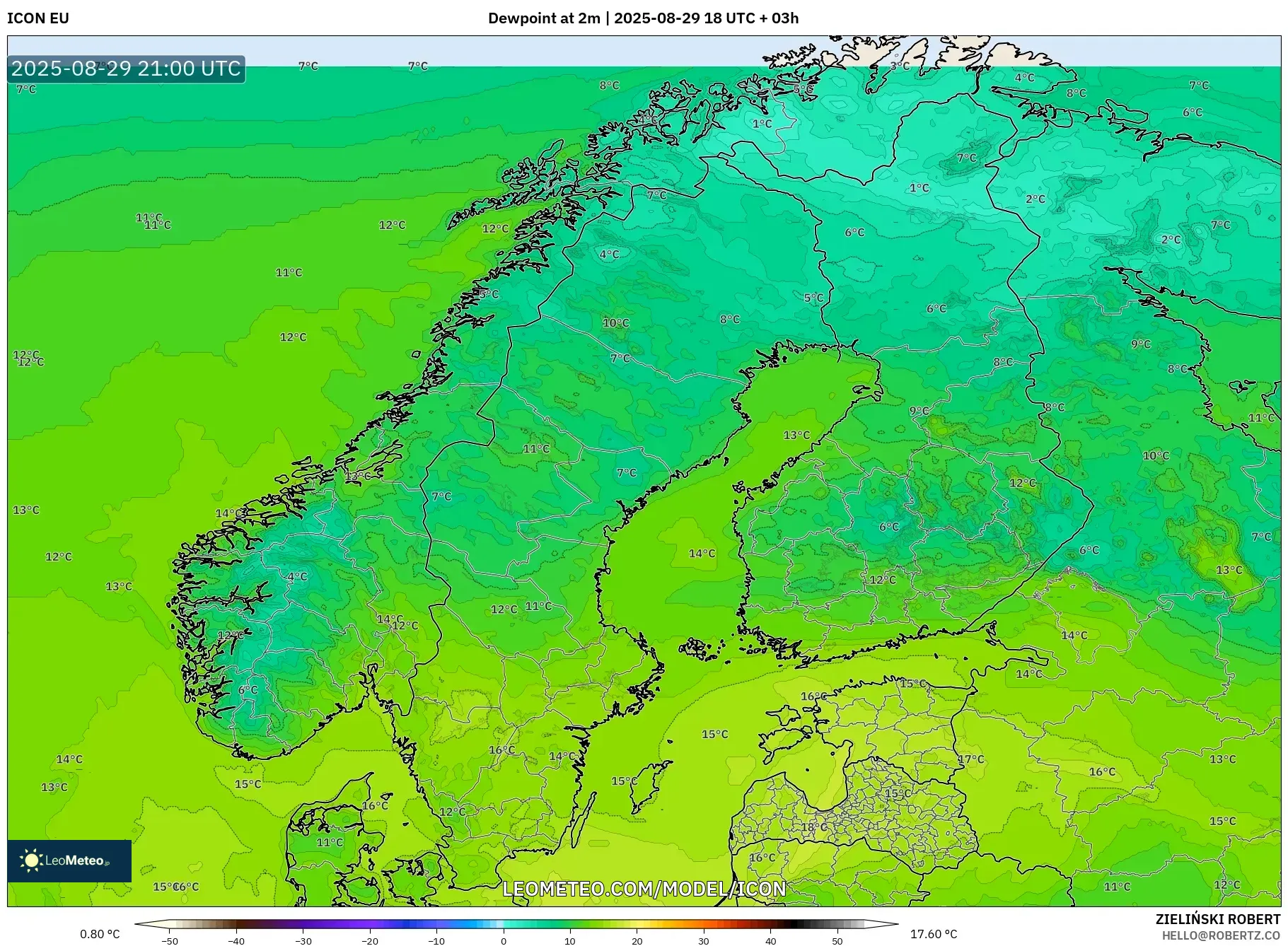 ICON model - Scandinavia, Dewpoint at 2m ICON model - Scandinavia, Dewpoint at 2m
