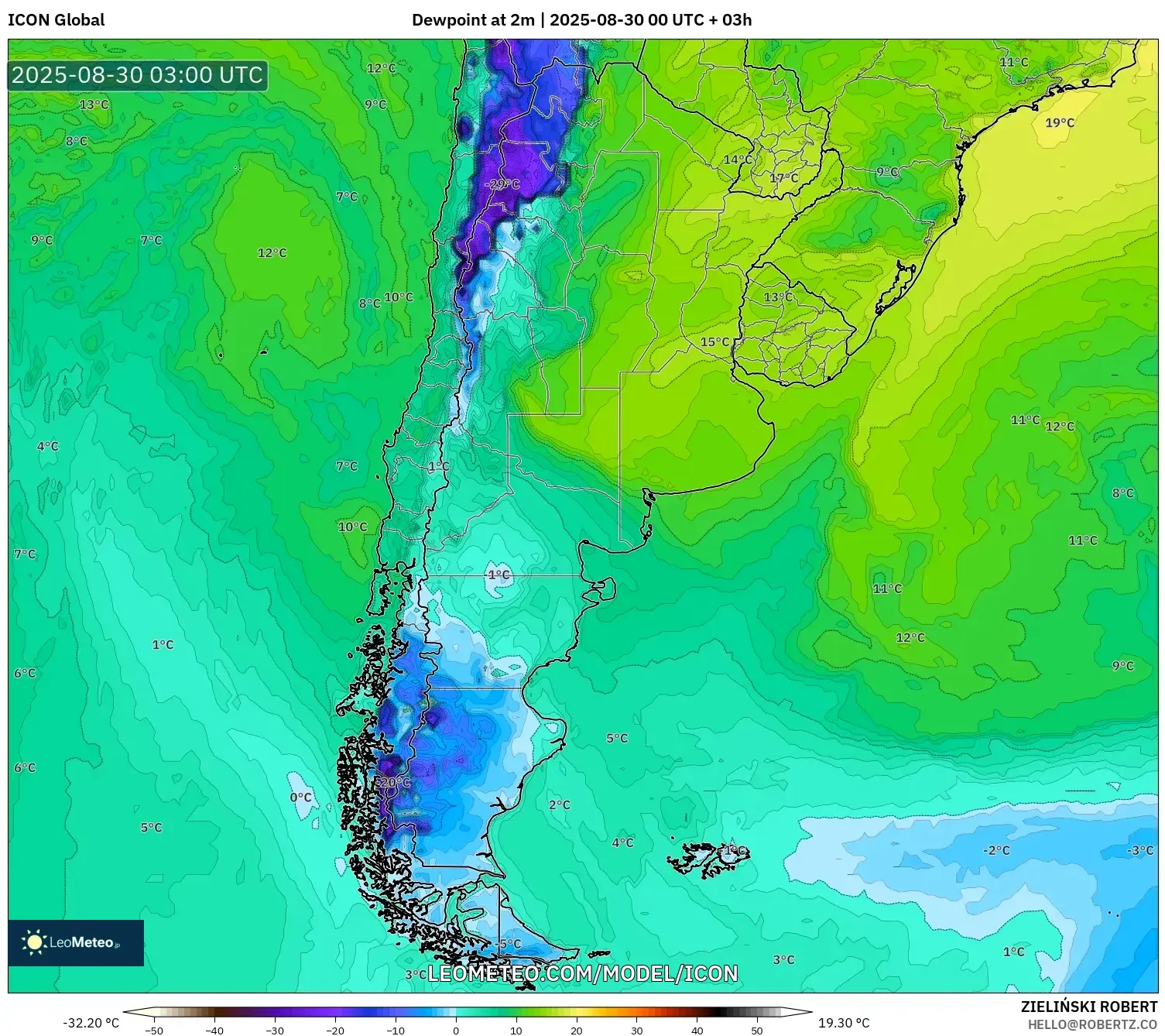 ICON model - Argentina, Dewpoint at 2m ICON model - Argentina, Dewpoint at 2m