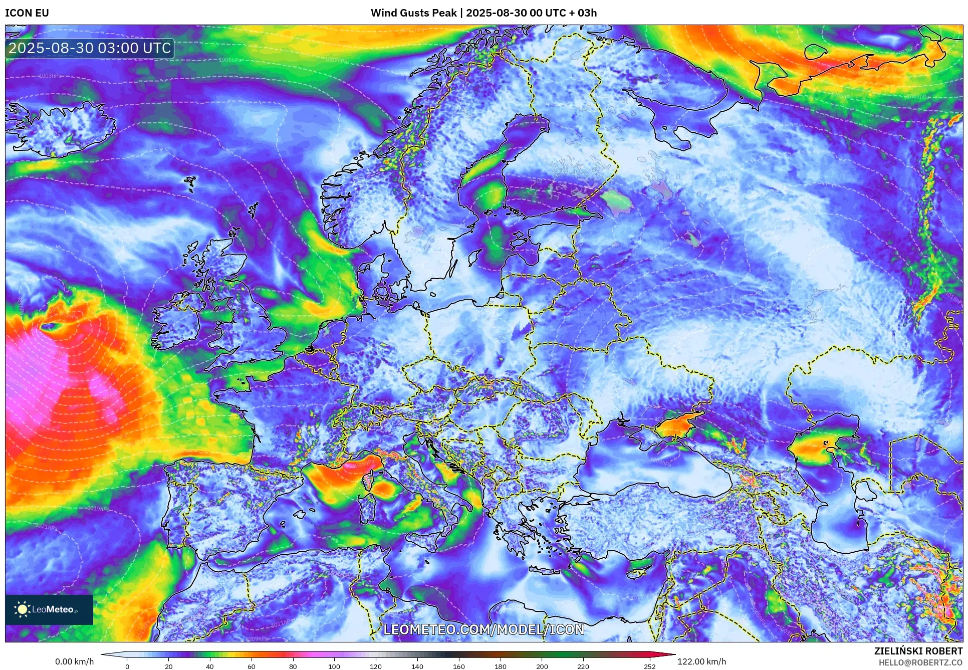 ICON model - Europe, Wind Gusts Peak ICON model - Europe, Wind Gusts Peak