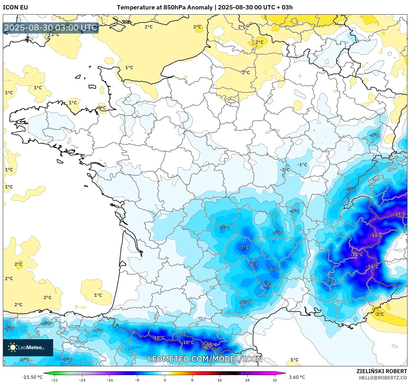 ICON model - France, Temperature at 850hPa Anomaly ICON model - France, Temperature at 850hPa Anomaly
