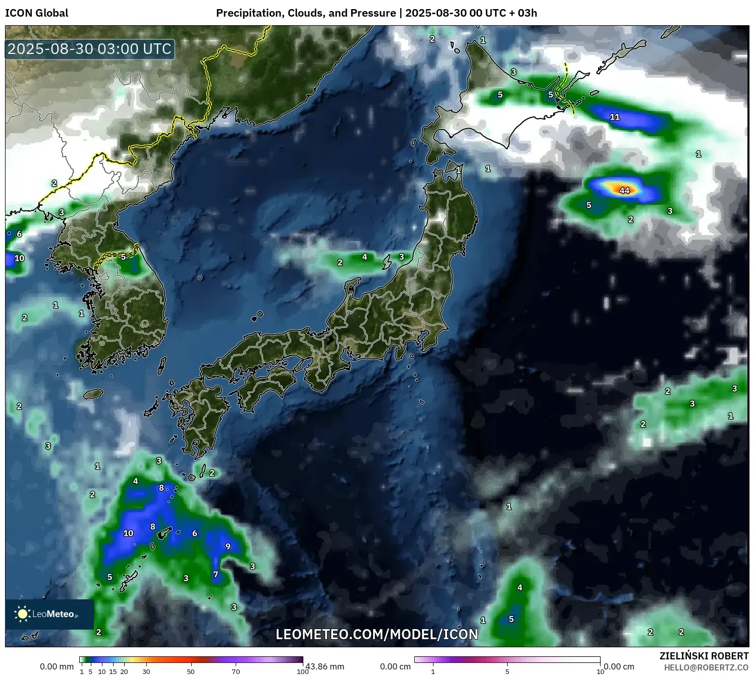 ICON model - Japan, Precipitation, Clouds, and Pressure ICON model - Japan, Precipitation, Clouds, and Pressure