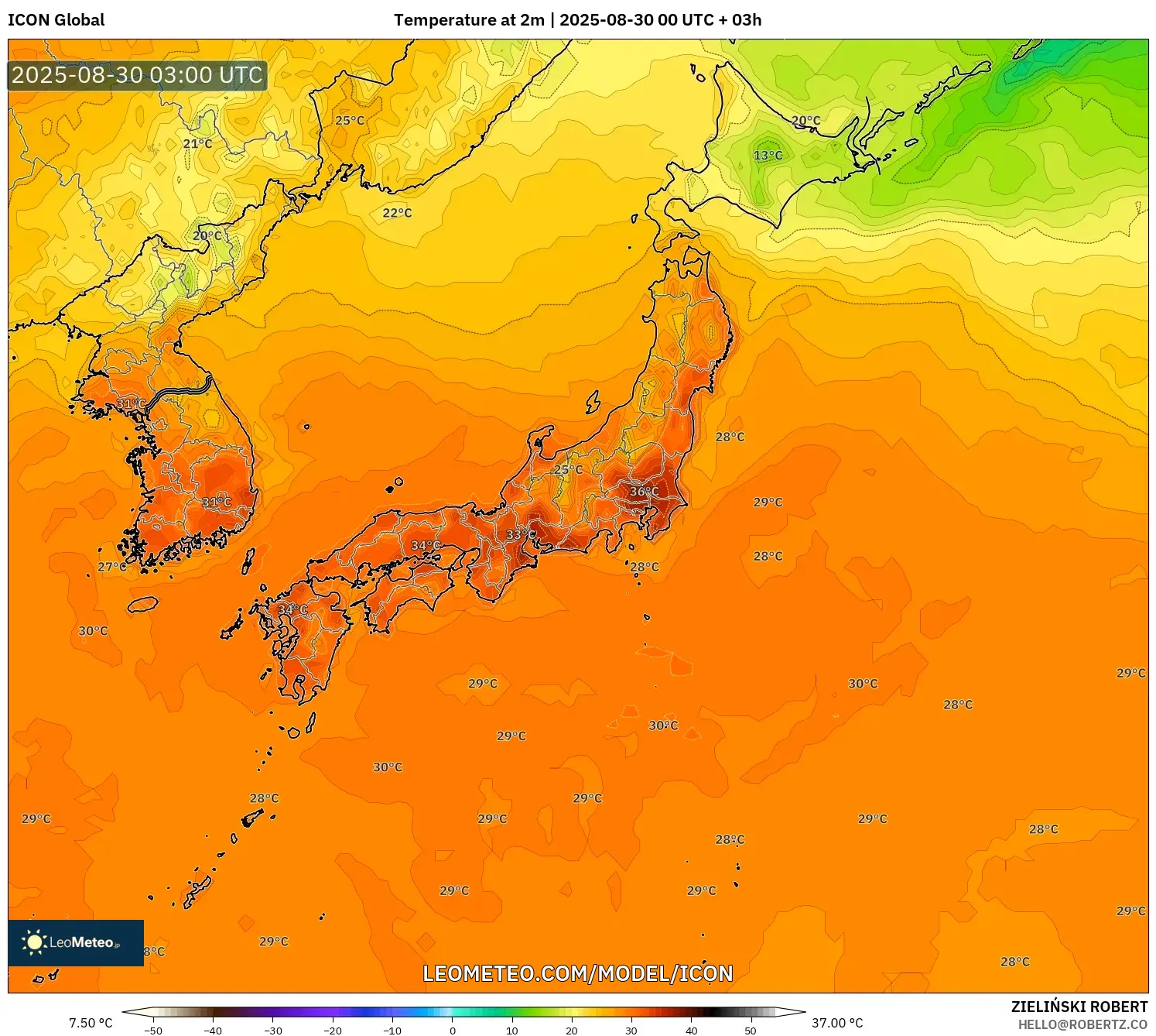 ICON model - Japan, Temperature at 2m ICON model - Japan, Temperature at 2m