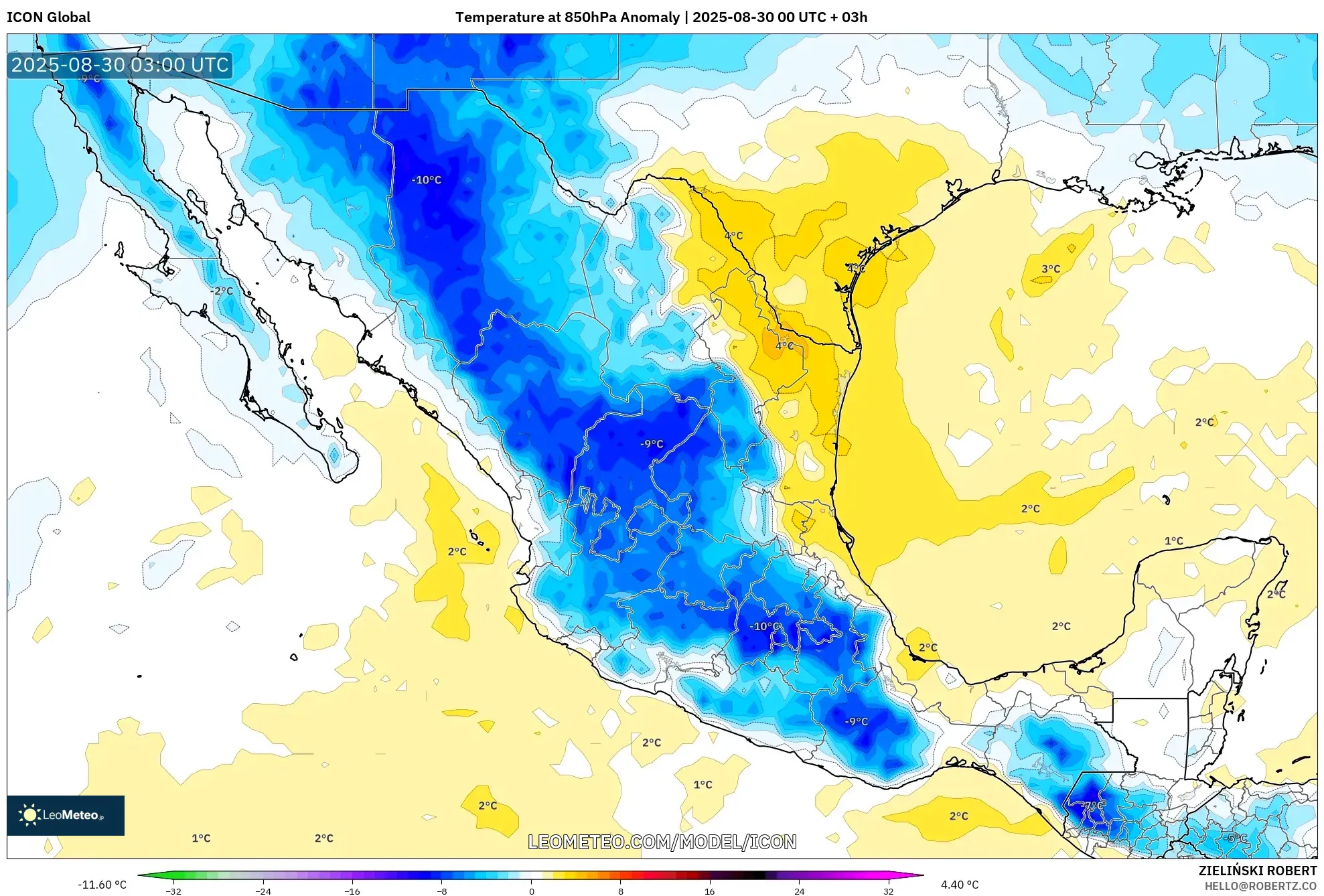 ICON model - Mexico, Temperature at 850hPa Anomaly ICON model - Mexico, Temperature at 850hPa Anomaly