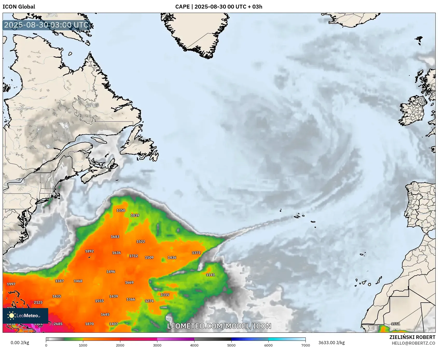 ICON model - North Atlantic, CAPE ICON model - North Atlantic, CAPE
