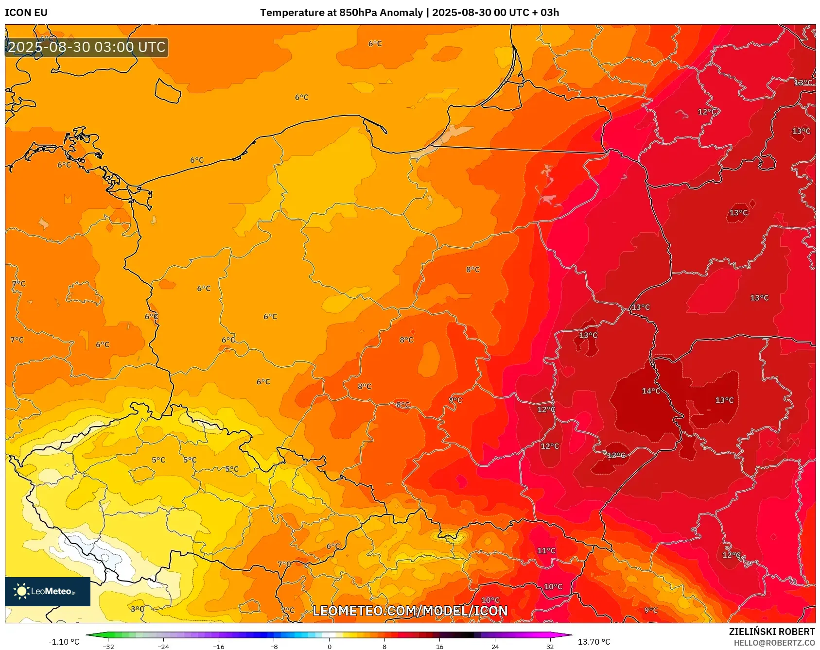 ICON model - Poland, Temperature at 850hPa Anomaly ICON model - Poland, Temperature at 850hPa Anomaly