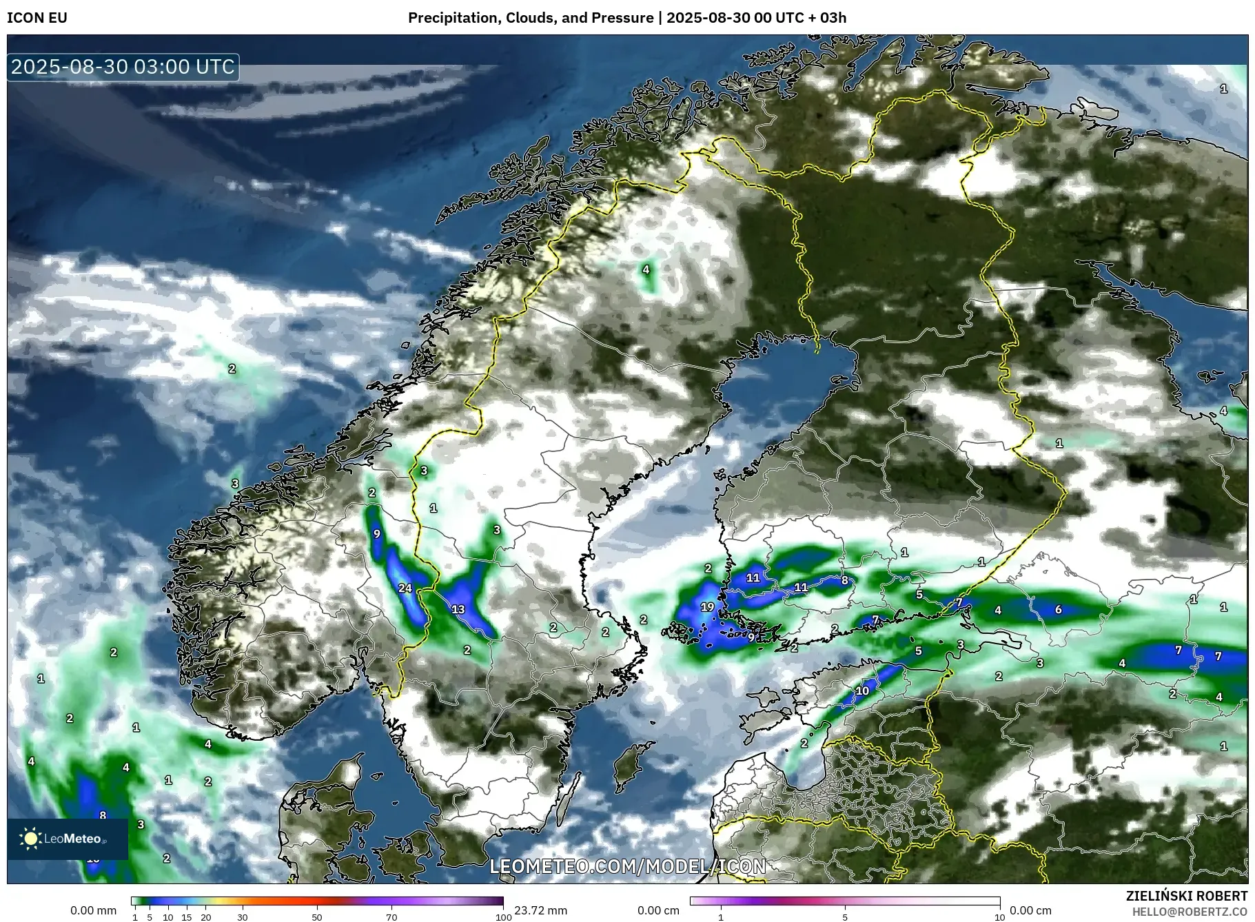 ICON model - Scandinavia, Precipitation, Clouds, and Pressure ICON model - Scandinavia, Precipitation, Clouds, and Pressure