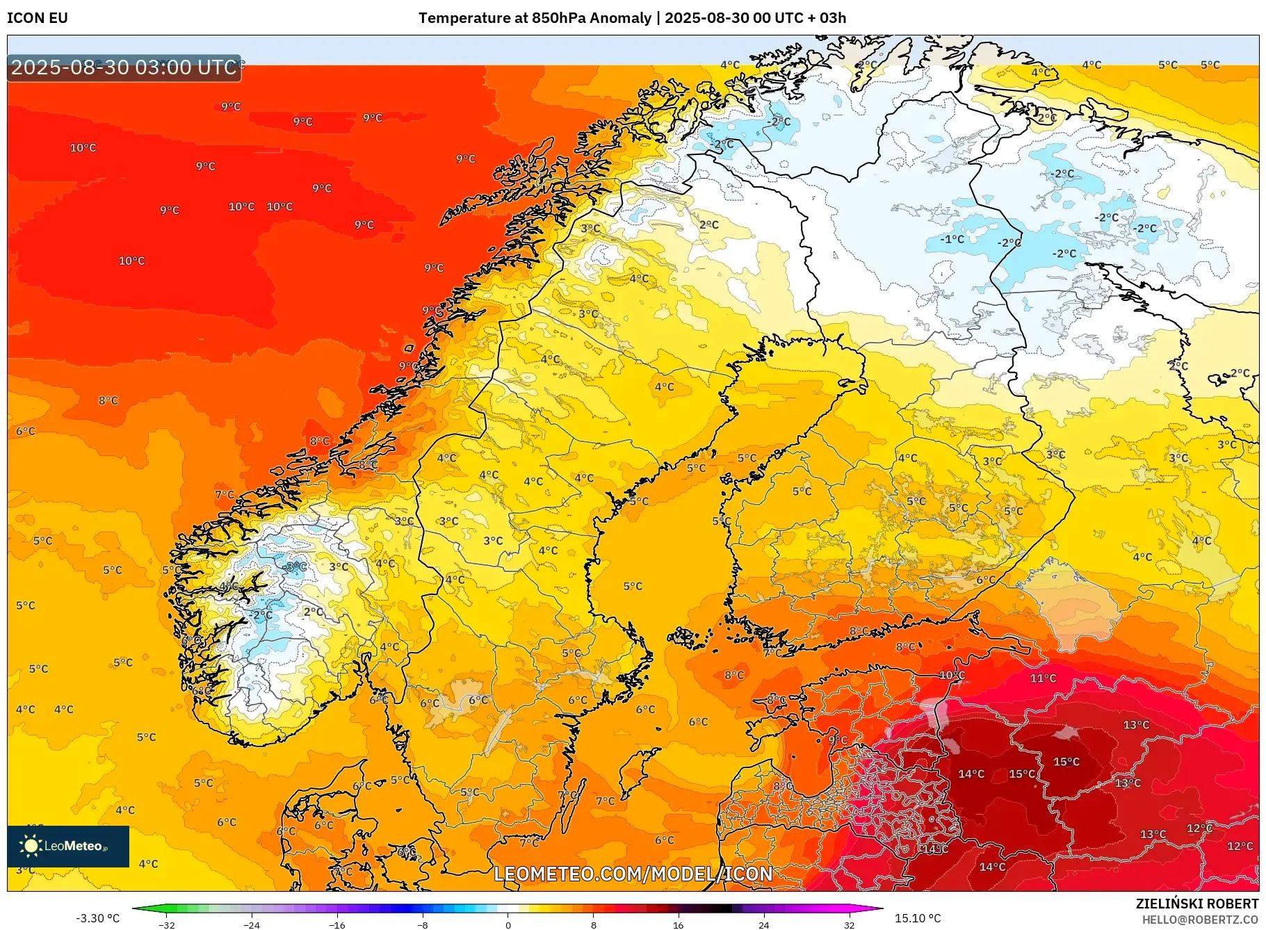 ICON model - Scandinavia, Temperature at 850hPa Anomaly ICON model - Scandinavia, Temperature at 850hPa Anomaly