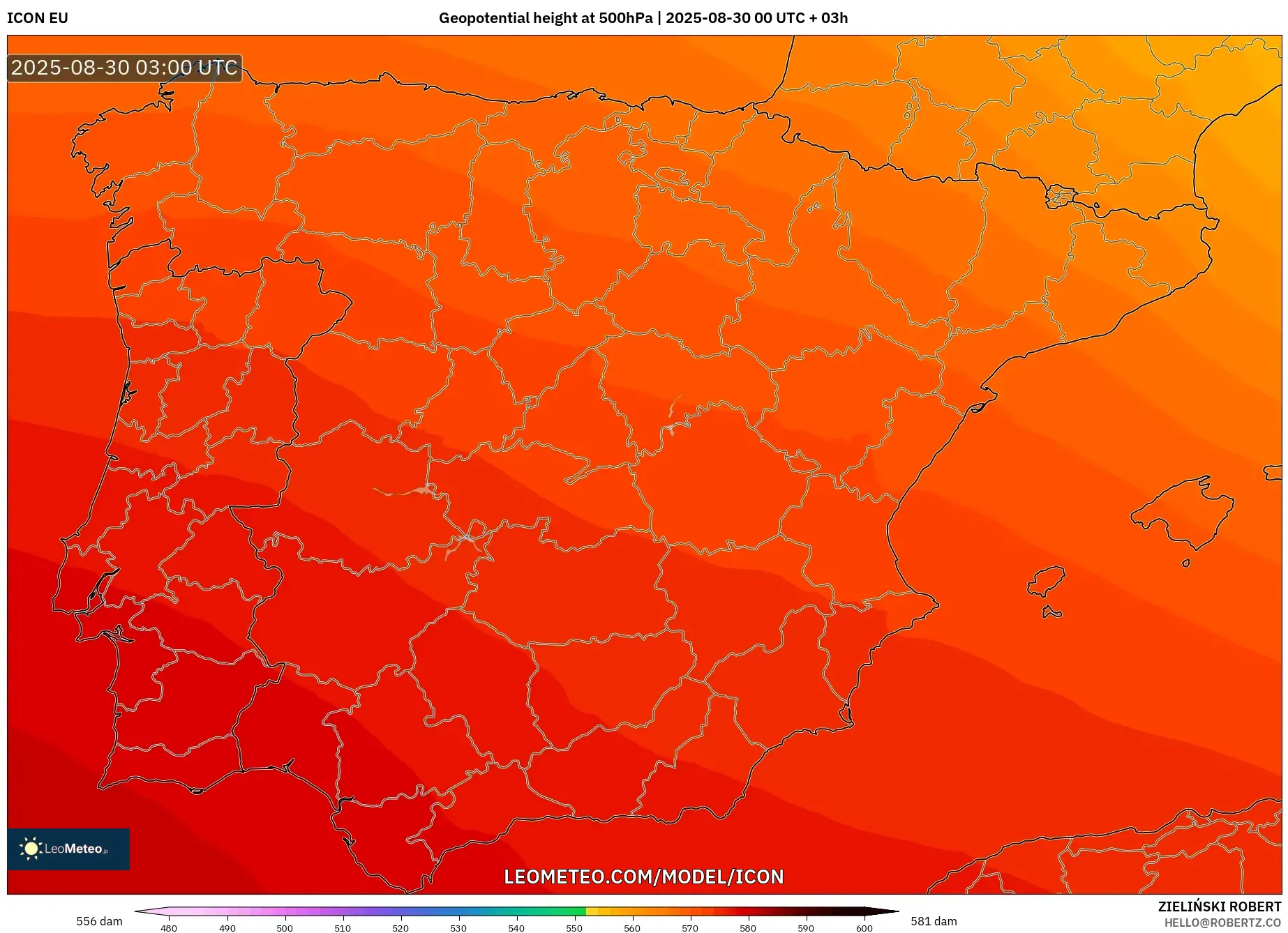 ICON model - Spain, Geopotential height at 500hPa ICON model - Spain, Geopotential height at 500hPa