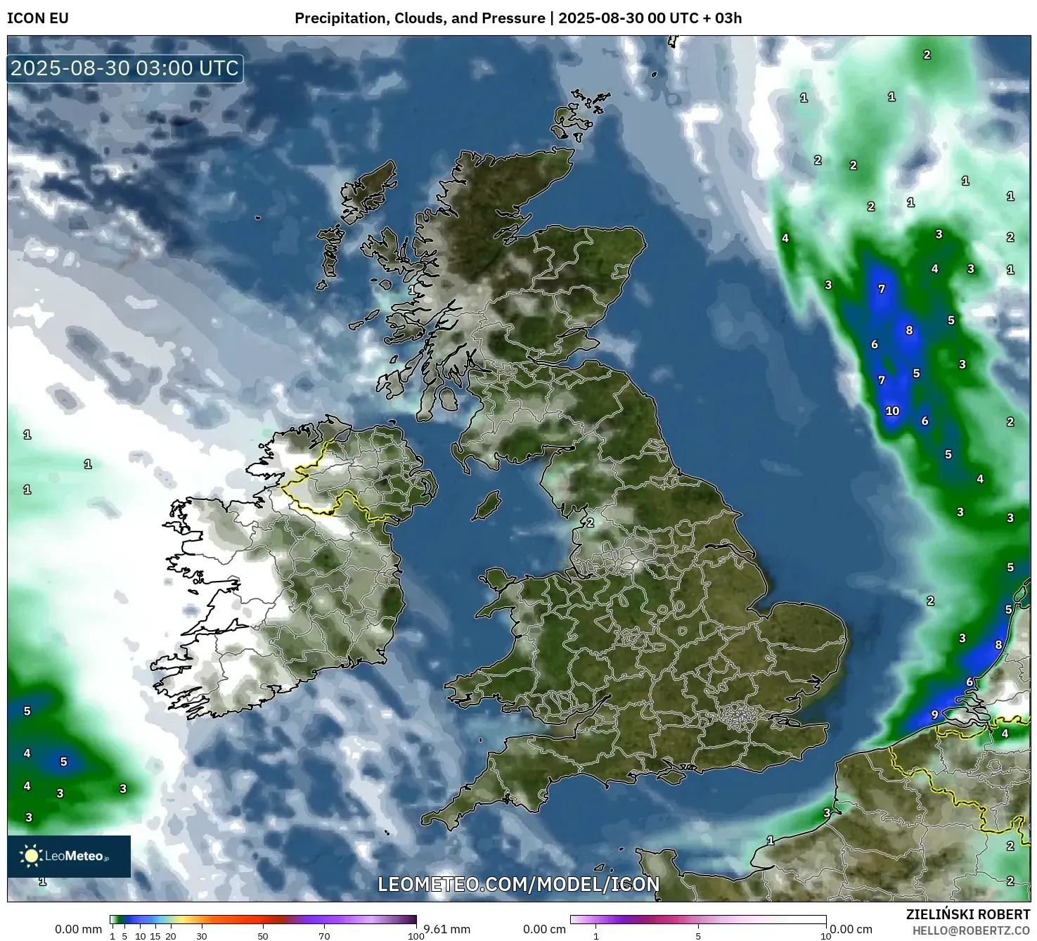 ICON model - United Kingdom, Precipitation, Clouds, and Pressure ICON model - United Kingdom, Precipitation, Clouds, and Pressure