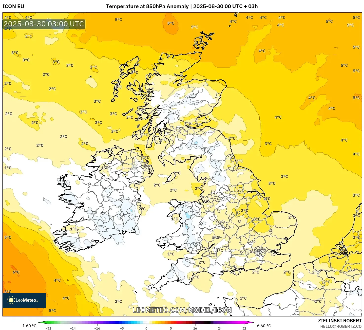 ICON model - United Kingdom, Temperature at 850hPa Anomaly ICON model - United Kingdom, Temperature at 850hPa Anomaly