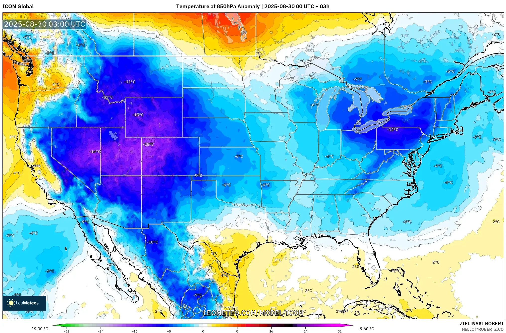 ICON model - United States, Temperature at 850hPa Anomaly ICON model - United States, Temperature at 850hPa Anomaly