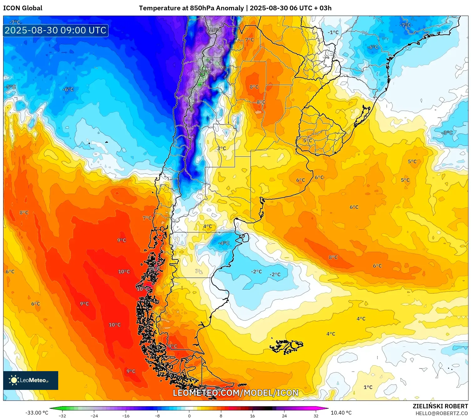 ICON model - Argentina, Temperature at 850hPa Anomaly ICON model - Argentina, Temperature at 850hPa Anomaly
