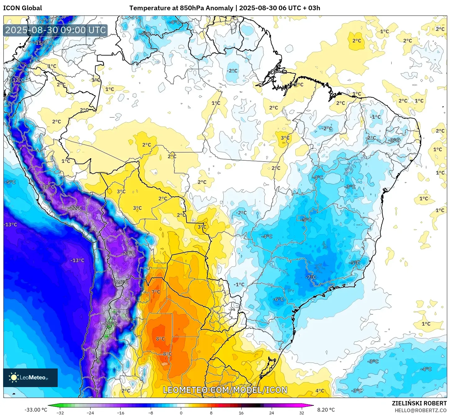 ICON model - Brazil, Temperature at 850hPa Anomaly ICON model - Brazil, Temperature at 850hPa Anomaly