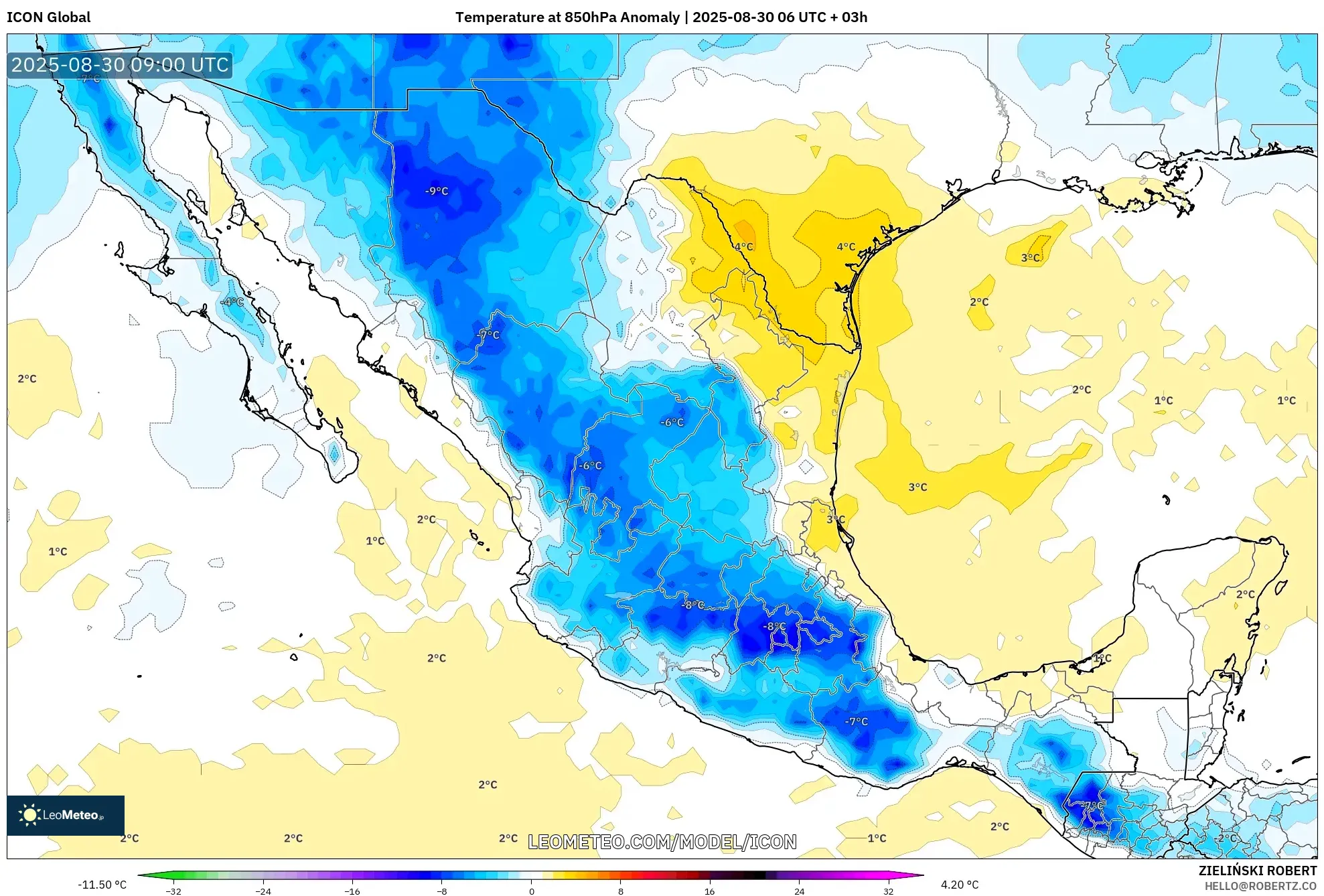 ICON model - Mexico, Temperature at 850hPa Anomaly