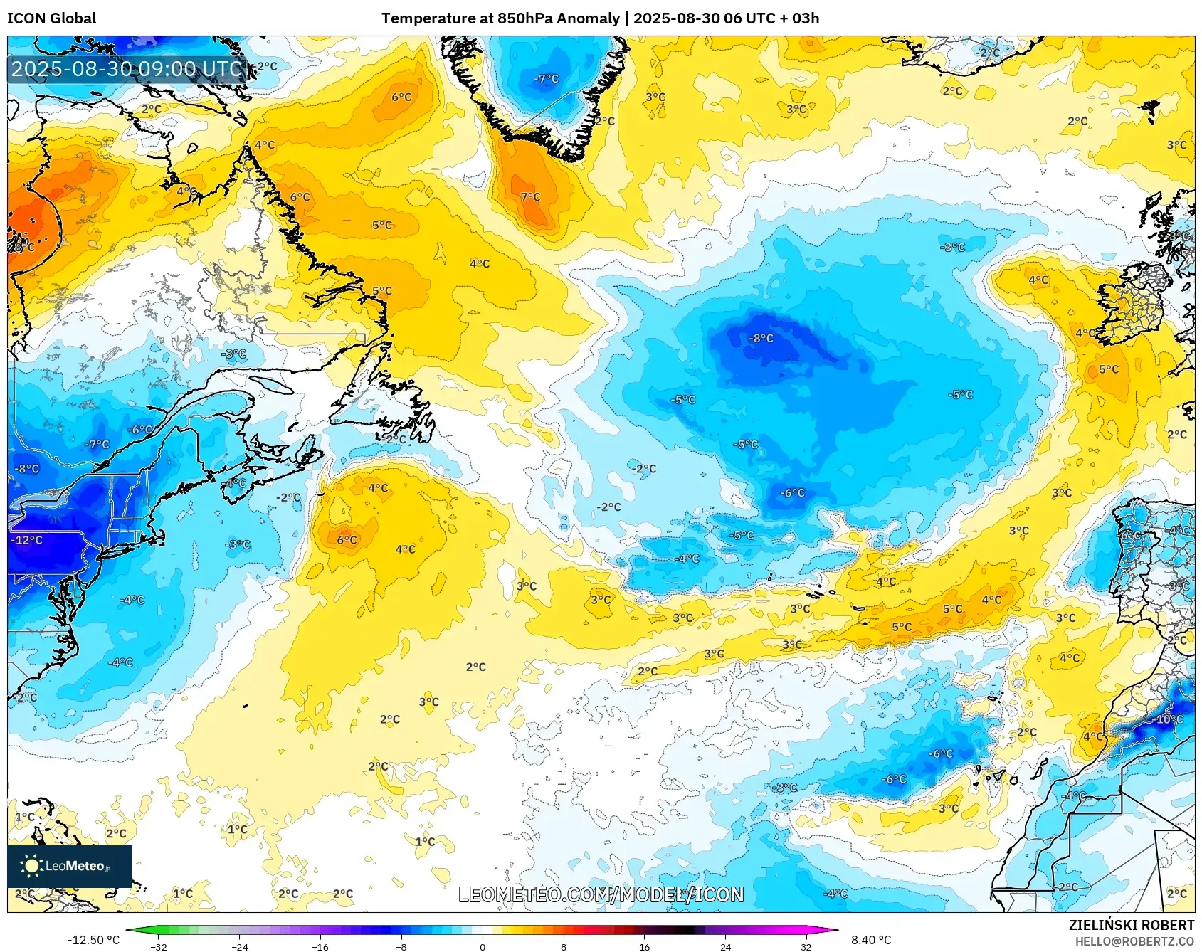 ICON model - North Atlantic, Temperature at 850hPa Anomaly