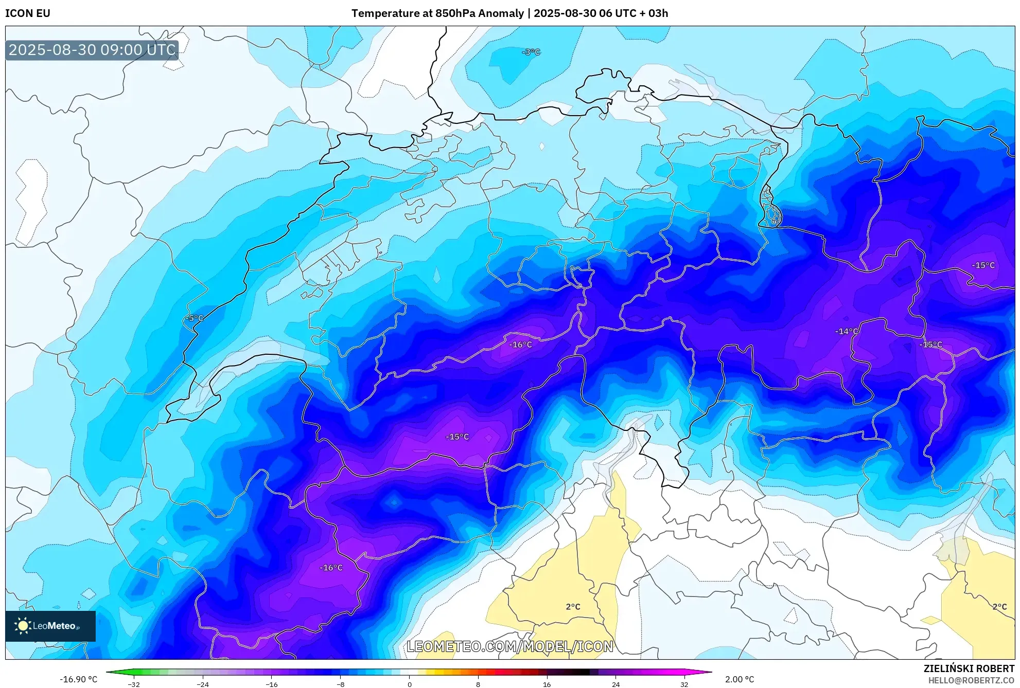 ICON model - Switzerland, Temperature at 850hPa Anomaly ICON model - Switzerland, Temperature at 850hPa Anomaly