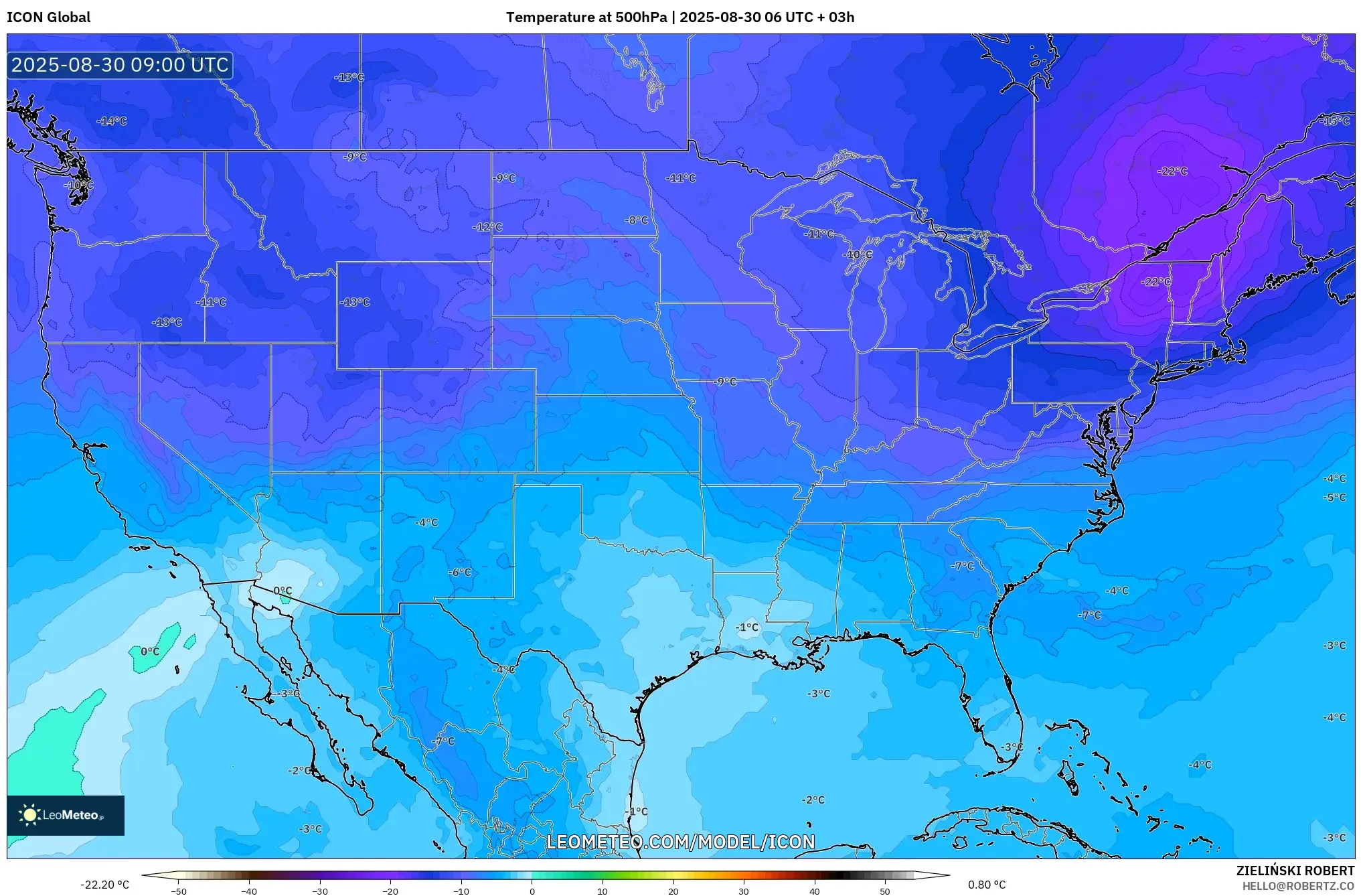 ICON model - United States, Temperature at 500hPa ICON model - United States, Temperature at 500hPa