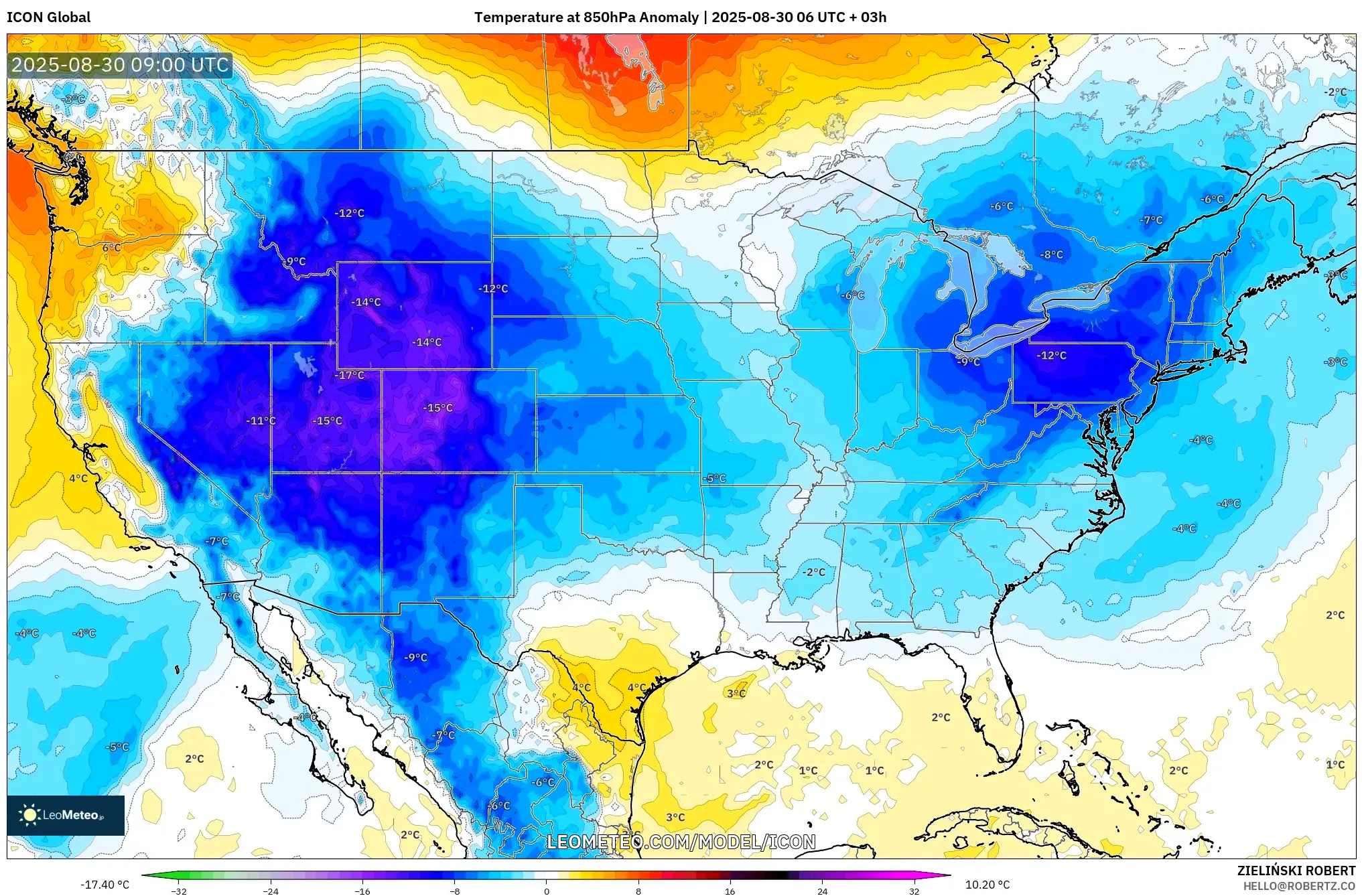 ICON model - United States, Temperature at 850hPa Anomaly ICON model - United States, Temperature at 850hPa Anomaly