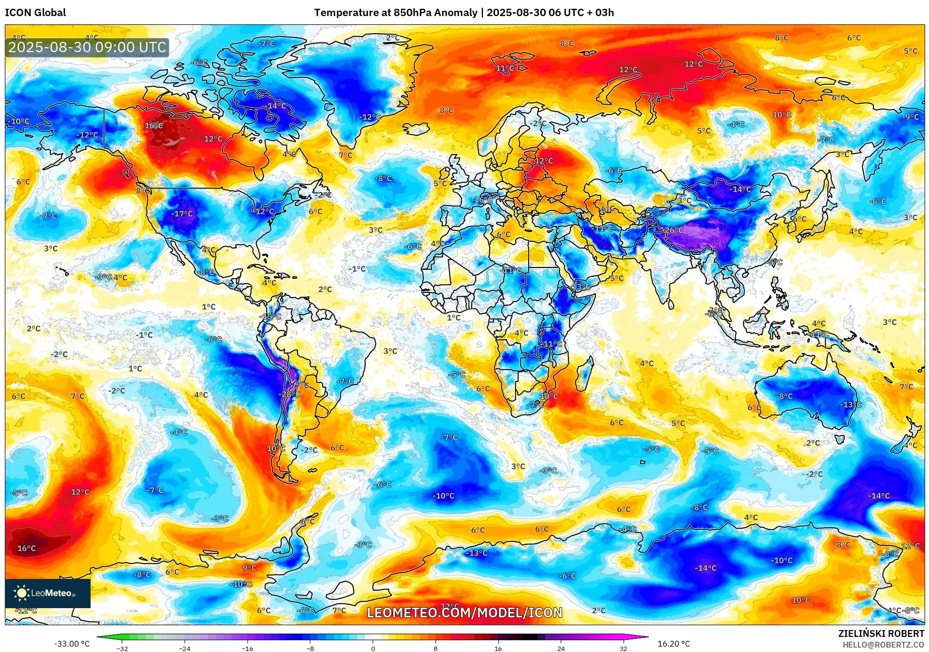 ICON model - World, Temperature at 850hPa Anomaly ICON model - World, Temperature at 850hPa Anomaly