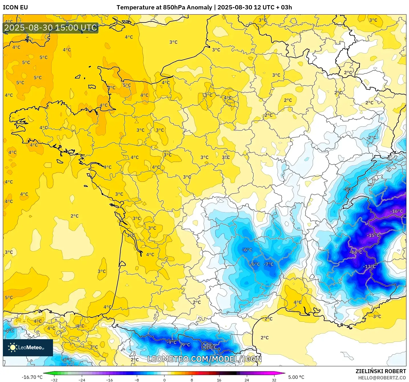 ICON model - France, Temperature at 850hPa Anomaly