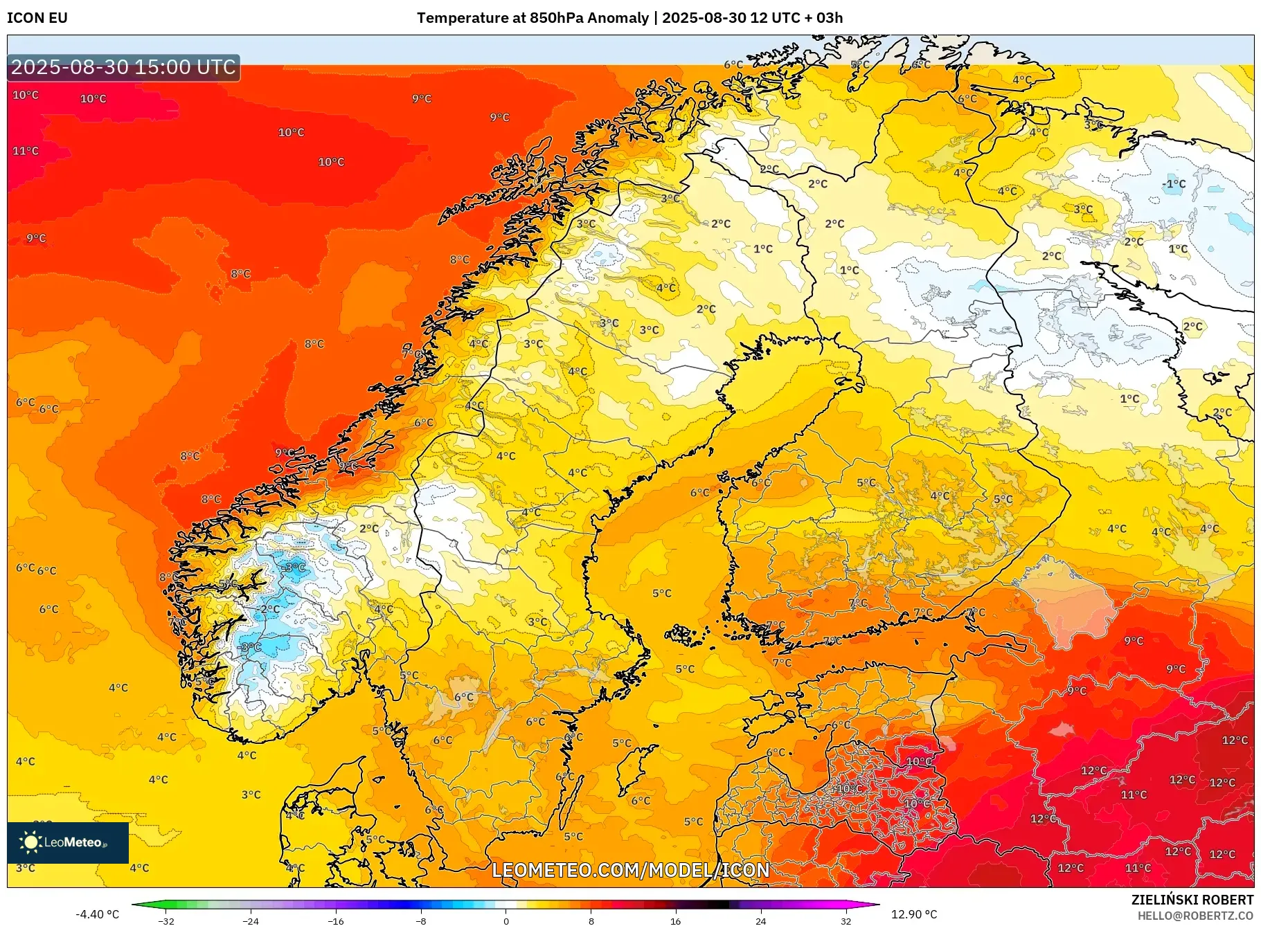 ICON model - Scandinavia, Temperature at 850hPa Anomaly ICON model - Scandinavia, Temperature at 850hPa Anomaly