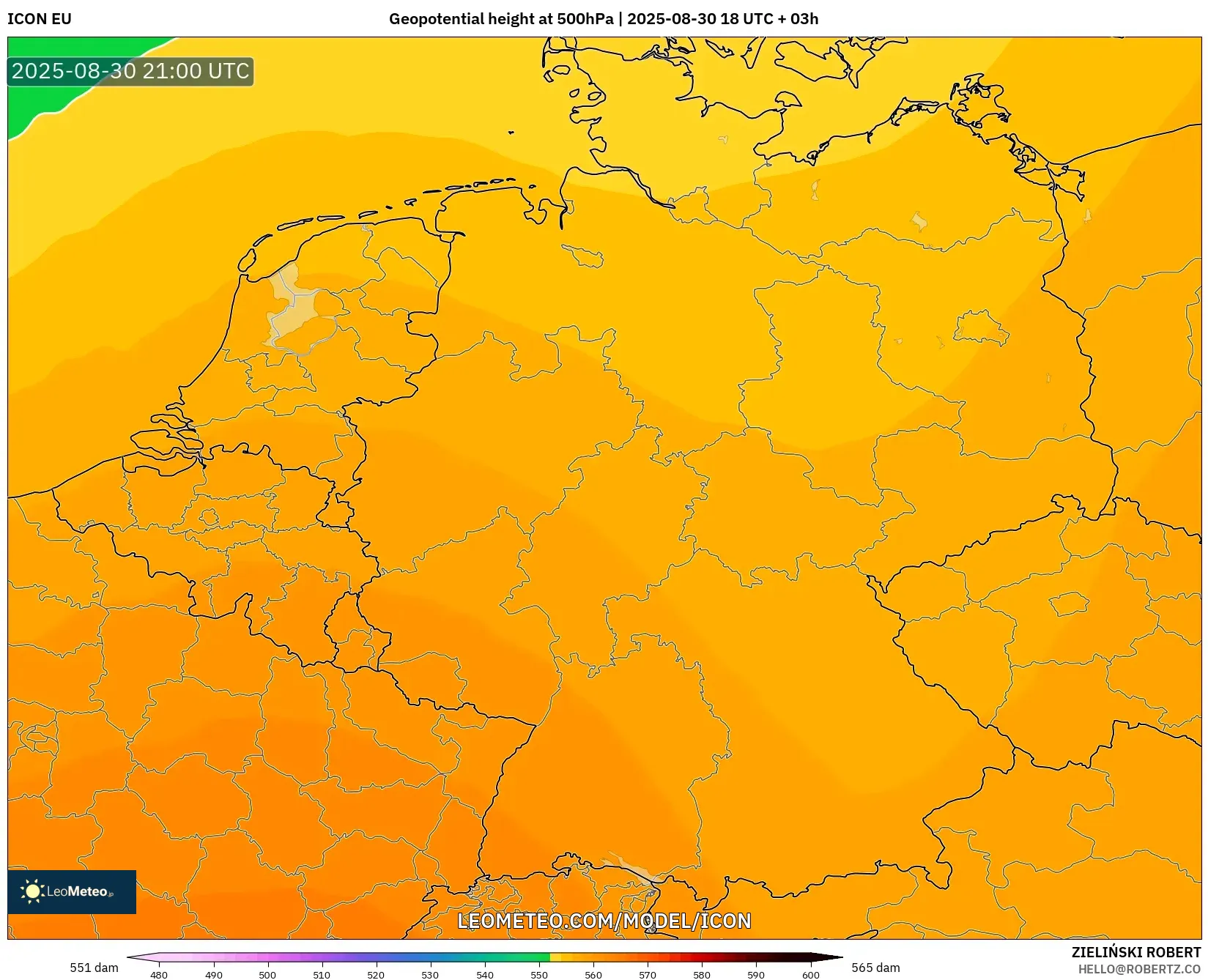 ICON model - Germany, Geopotential height at 500hPa ICON model - Germany, Geopotential height at 500hPa